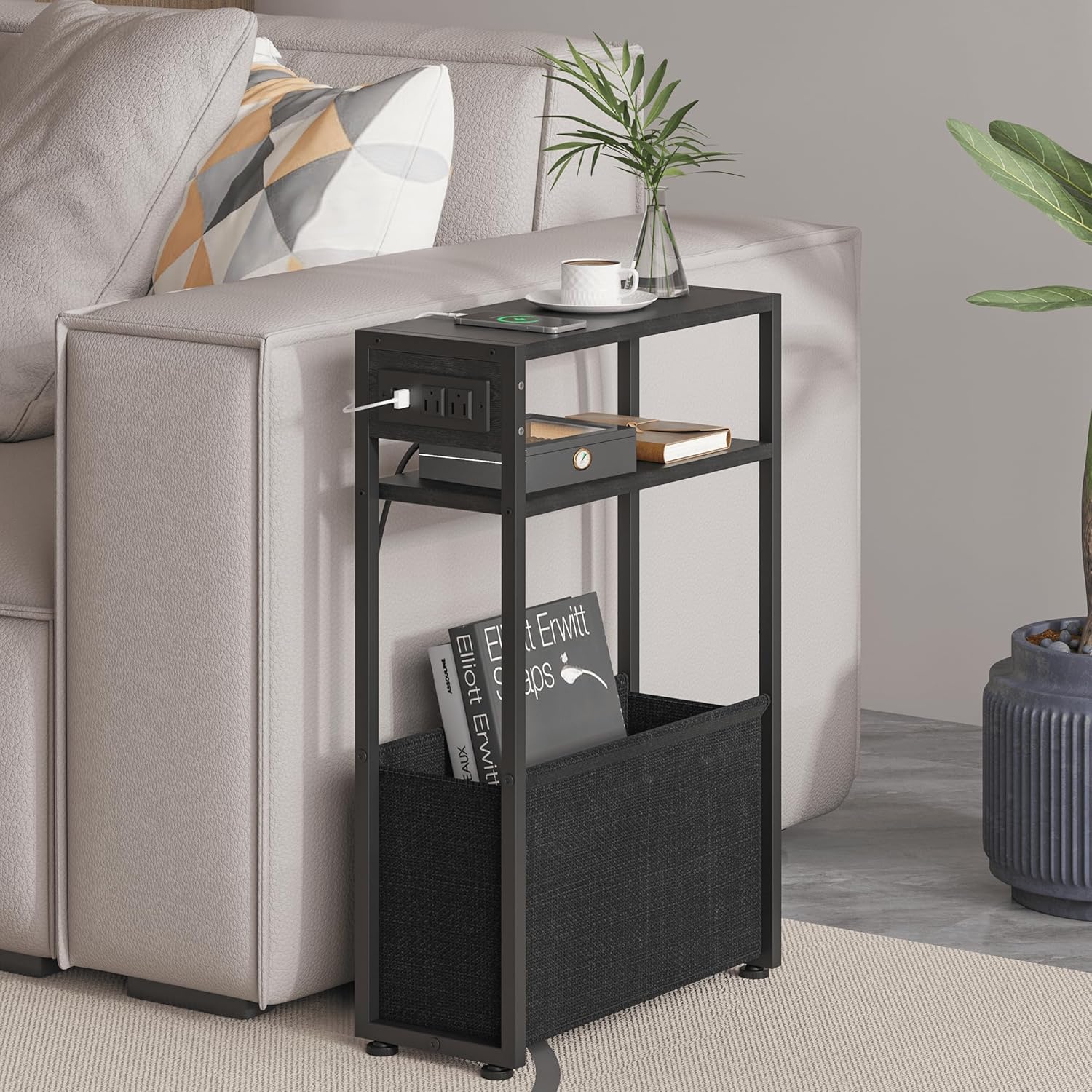 Narrow Side Table with Charging Station for Small Spaces