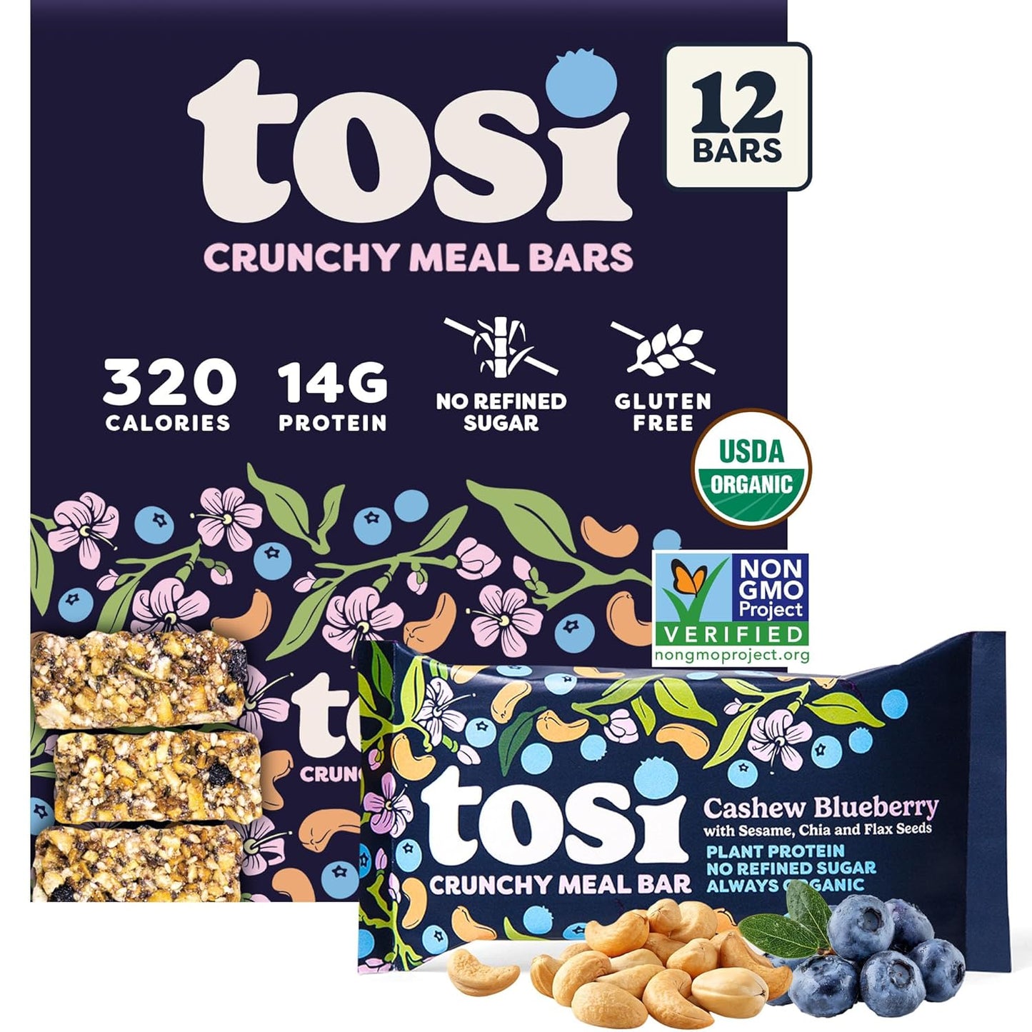 Tosi Cashew Blueberry Protein Bars - Crunchy Vegan Snacks
