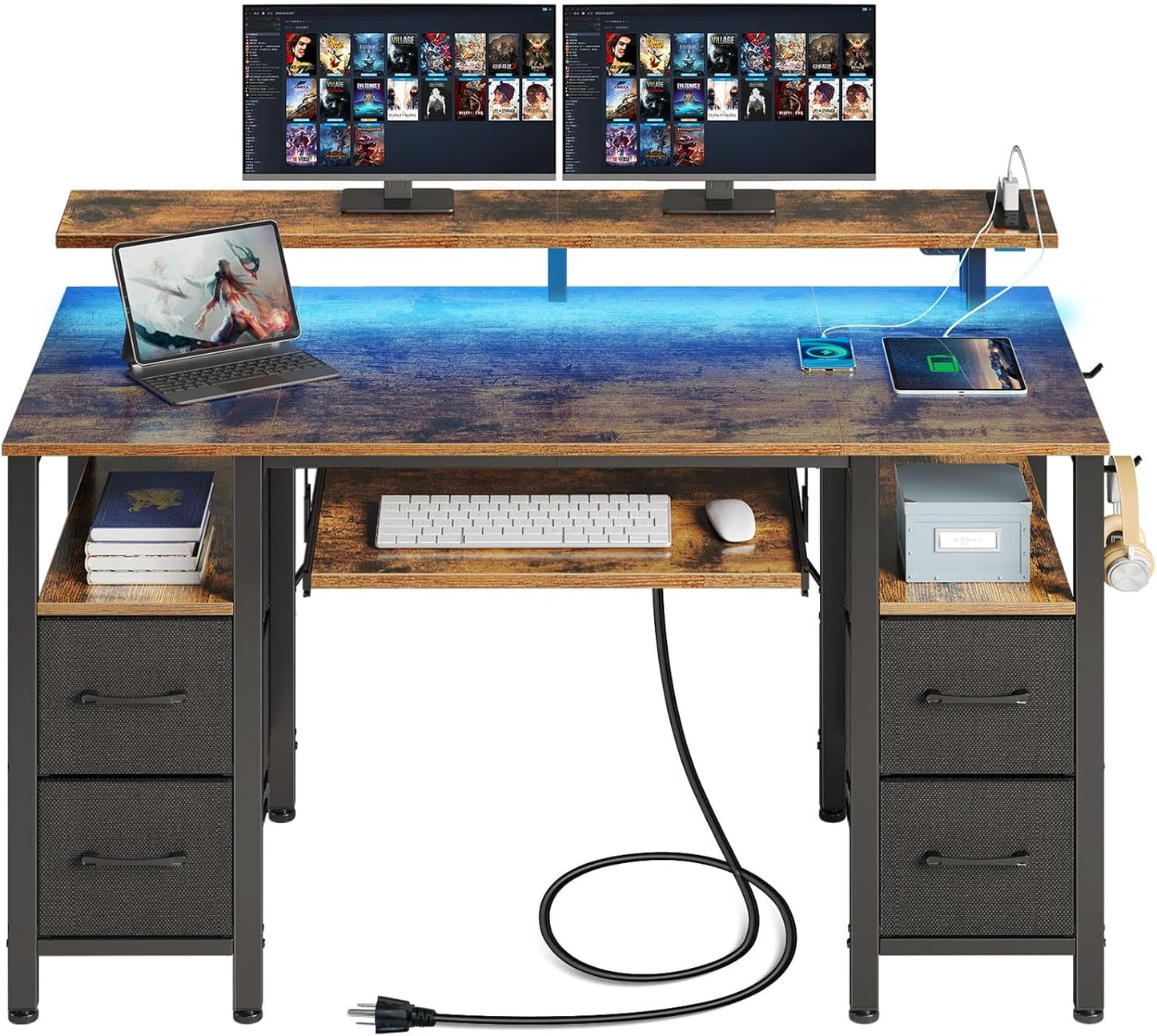 Rustic Brown 47.2 Computer Desk with LED Lights & 4 Drawers