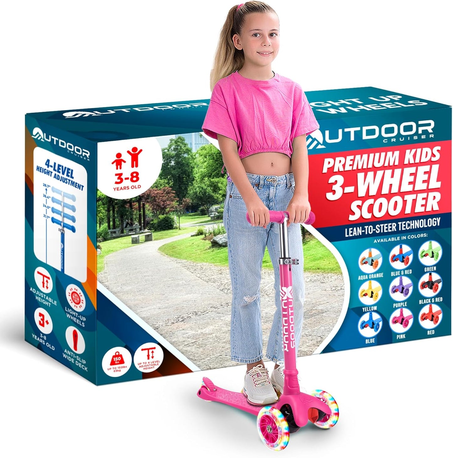Outdoor Cruiser 3-Wheel Kids Scooter with Lean-to-Steer Tech