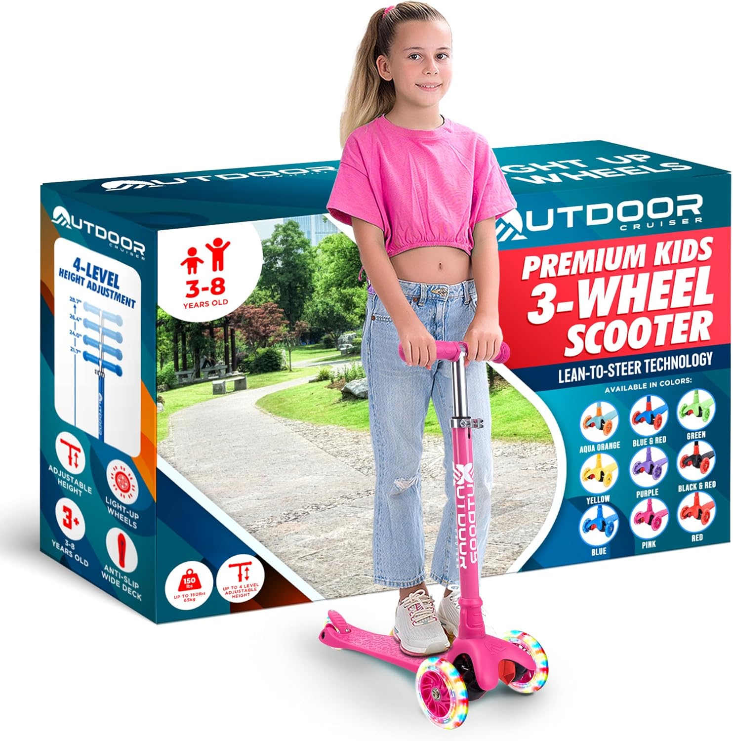 Outdoor Cruiser 3-Wheel Kids Scooter with Lean-to-Steer Tech