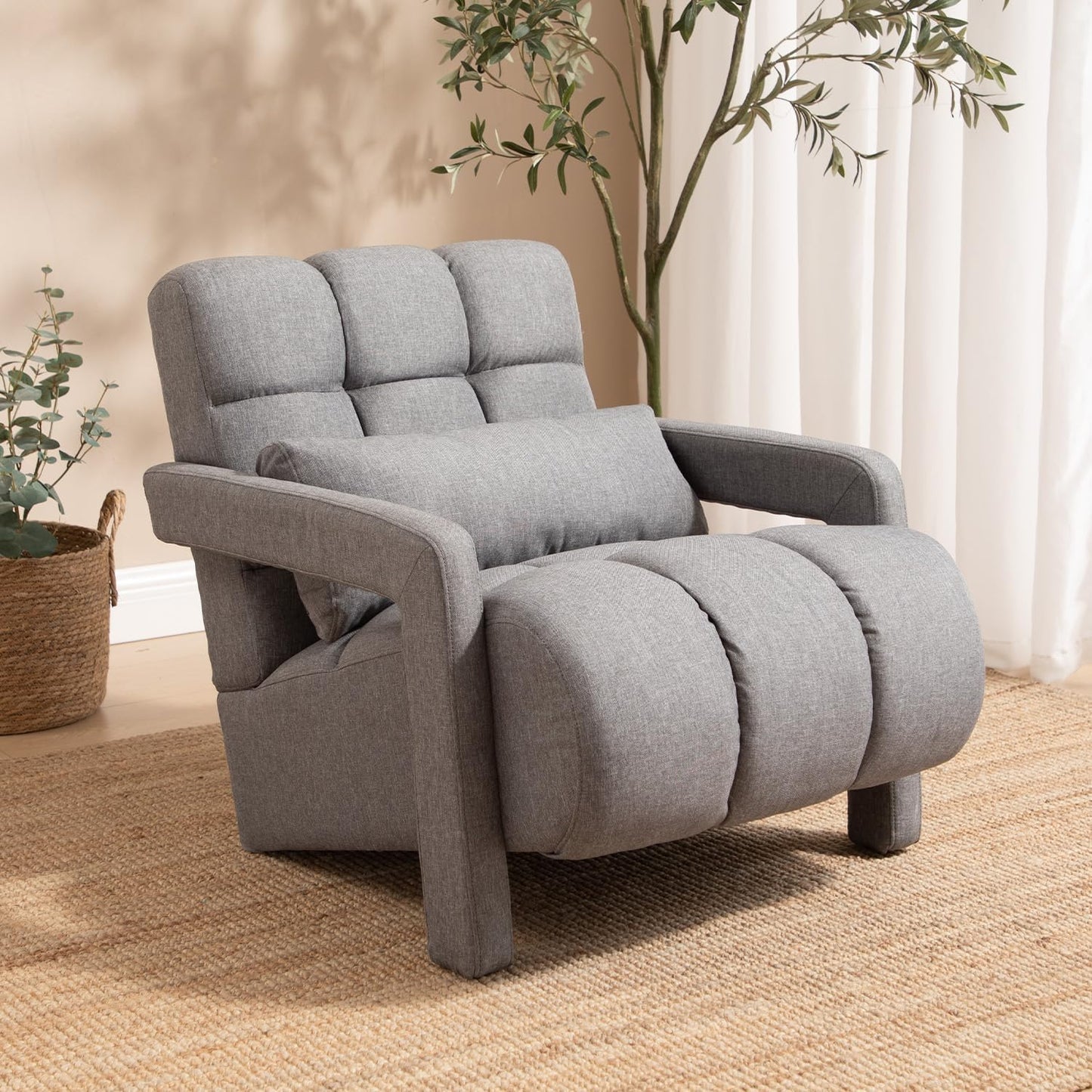 Mid-Century Modern Accent Chair: Cozy Elegance in Gray Linen