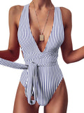 Chic Tie Criss Cross One Piece Swimwear with Thong Style
