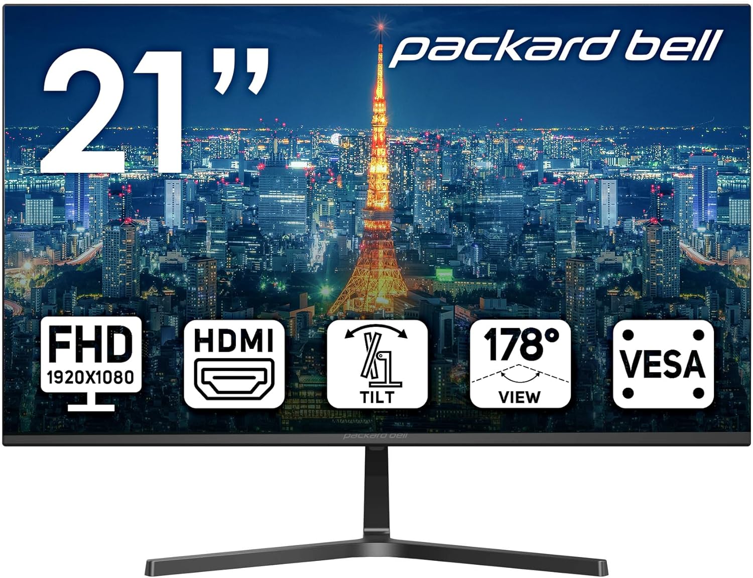 Packard Bell 21 FHD Ultrawide Monitor - VESA Mount, Tilt Adjustment, Slim Bezel