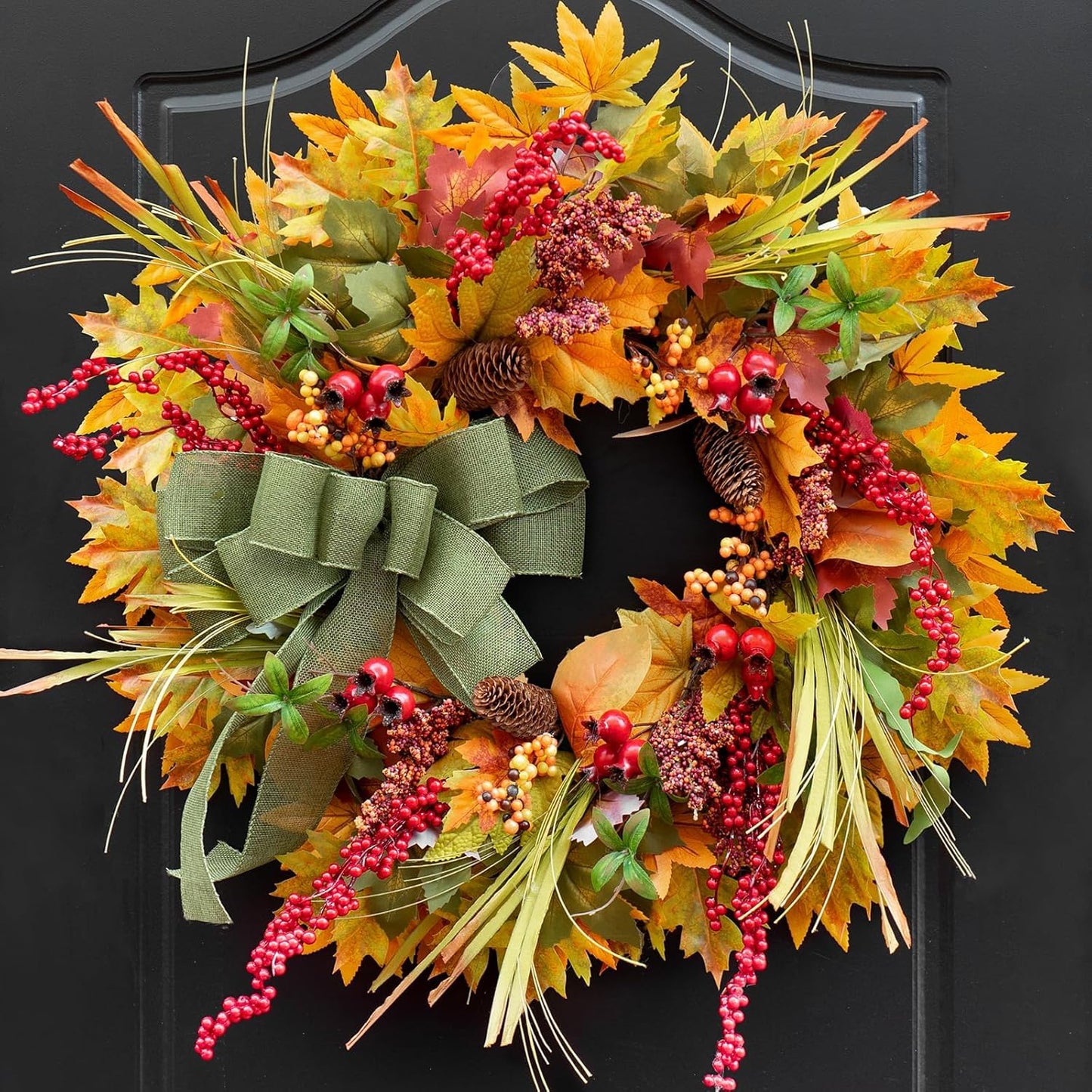 24 Inch Fall Wreath for Front Door with Green Bow and Berries