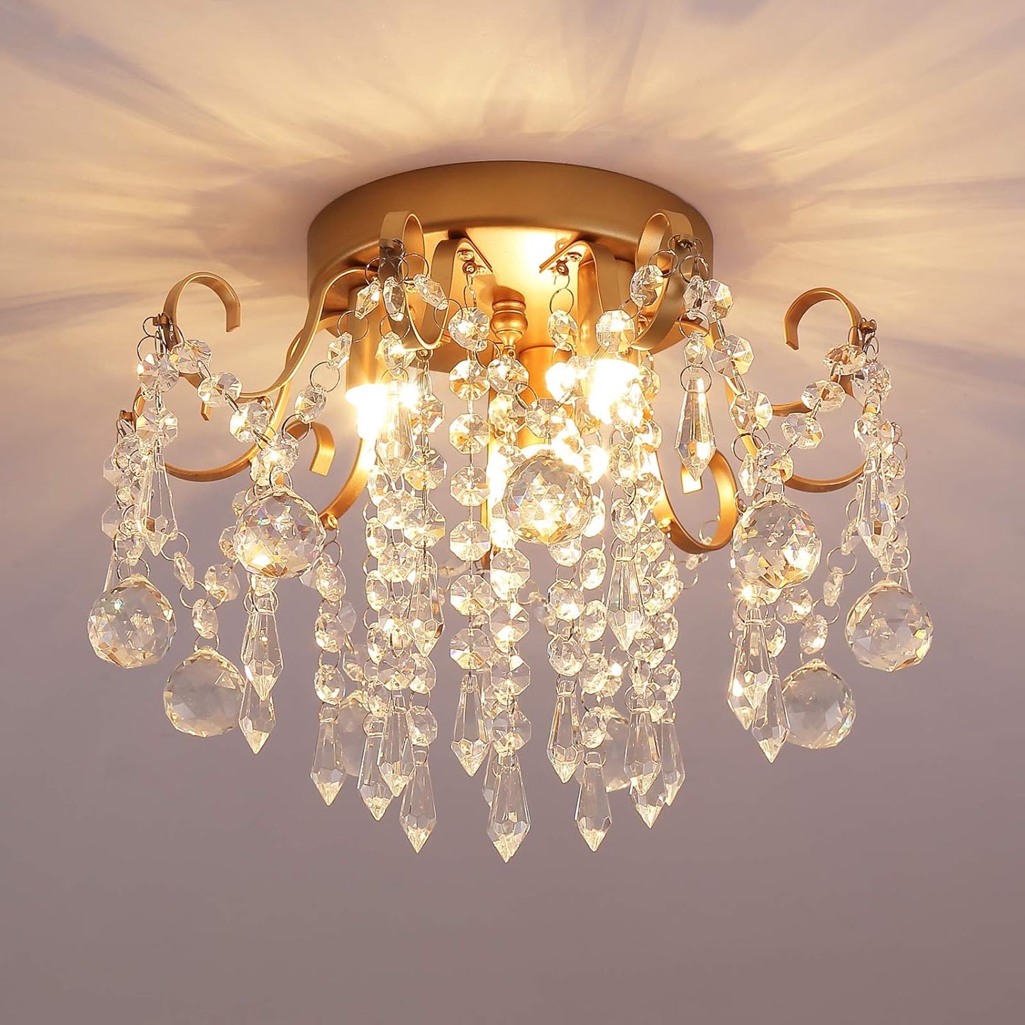 Q&S Small Chandelier: Modern Gold Mini Crystal Ceiling Light