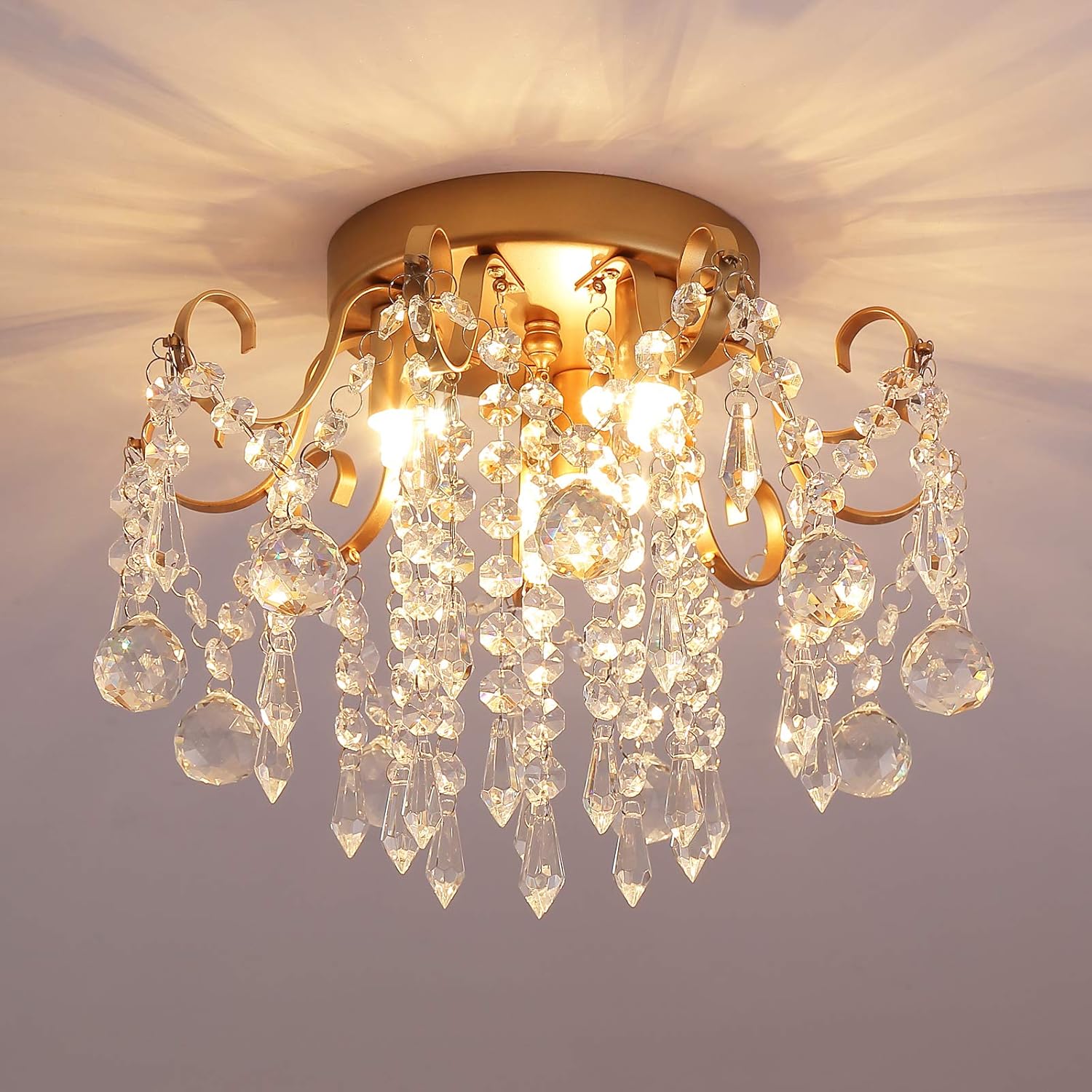 Q&S Small Chandelier: Modern Gold Mini Crystal Ceiling Light
