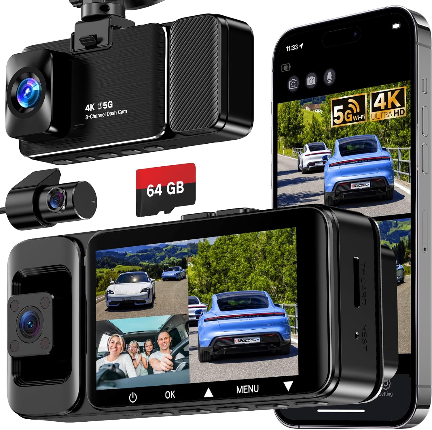 WECOOL 3 Channel Dash Cam with 4K Ultra HD and Night Vision