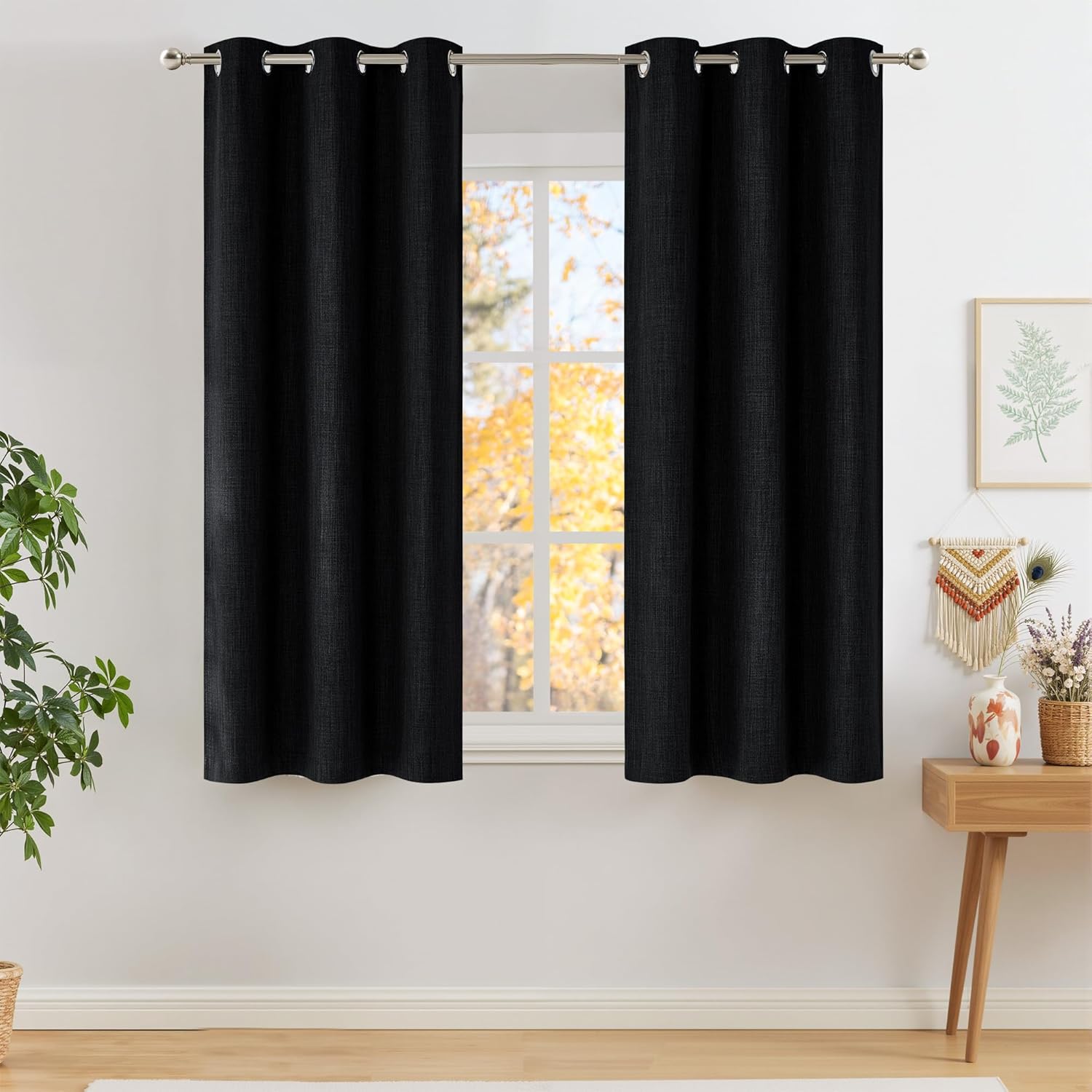 NICETOWN Short Faux Linen Black Blackout Curtains for Privacy