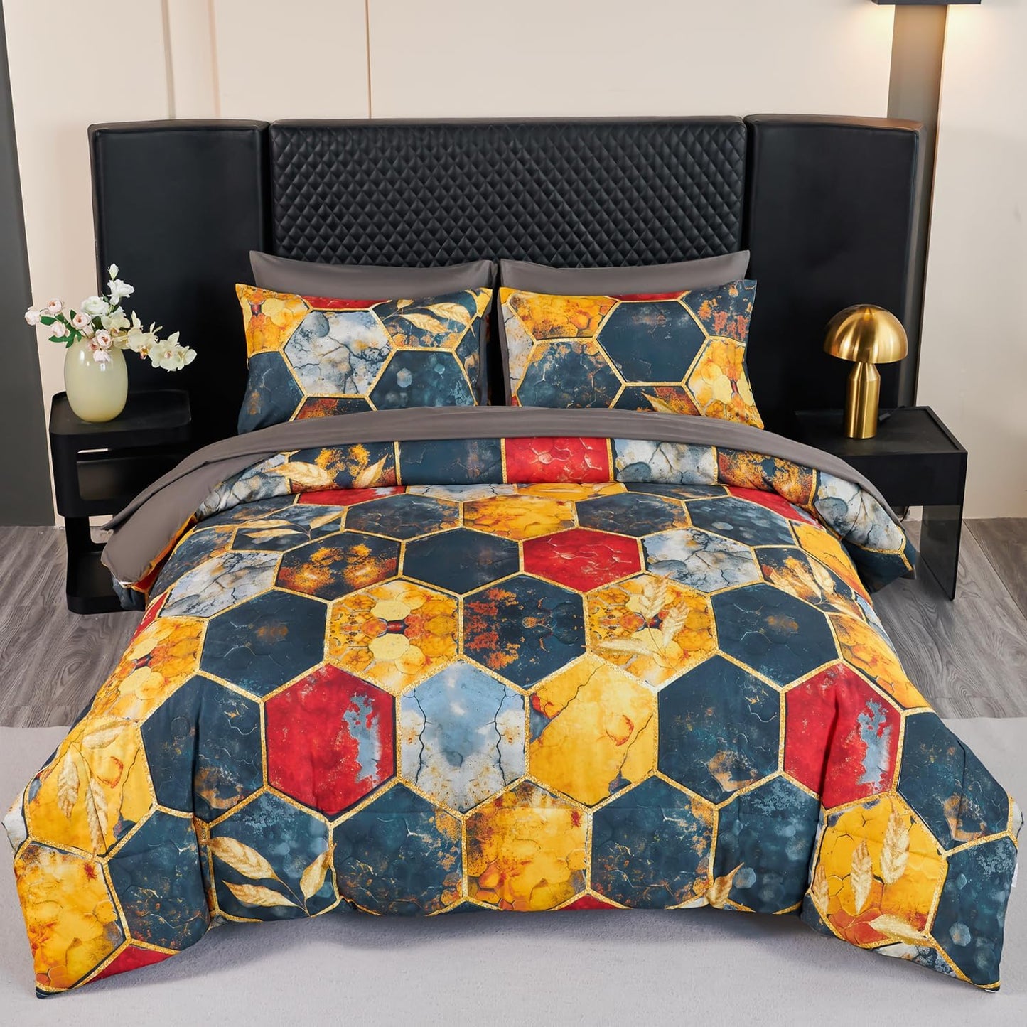 Luxurious 7Pcs Grey Gold Marble King Size Bed in A Bag Set