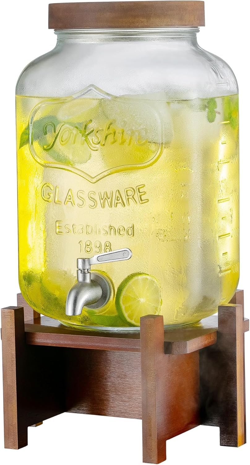 2 Gallon Glass Beverage Dispenser with Acacia Wood Stand for Parties