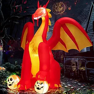 9 FT Halloween Inflatable Fire Dragon with Pumpkins & Lights