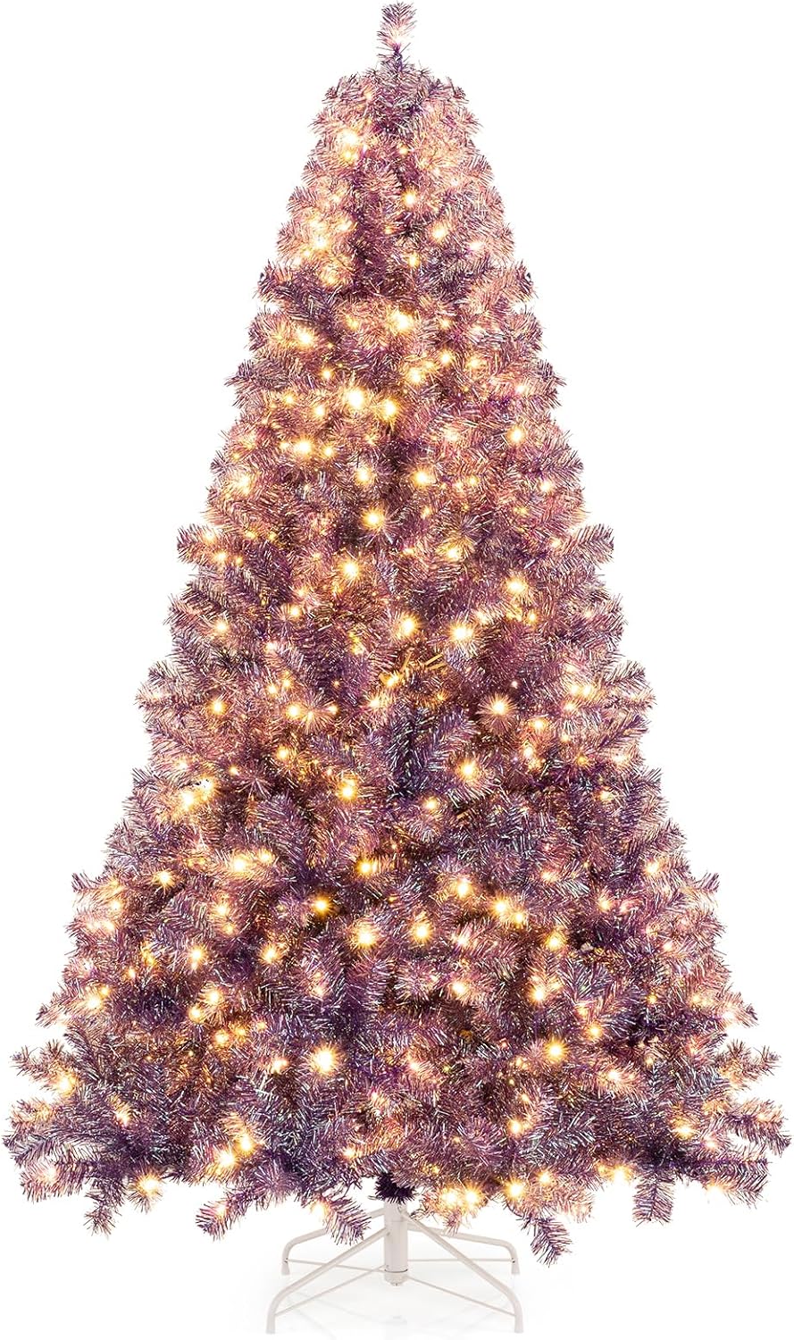 Goplus 7.5 FT Pre-Lit Tinsel Christmas Tree with 550 LED Lights