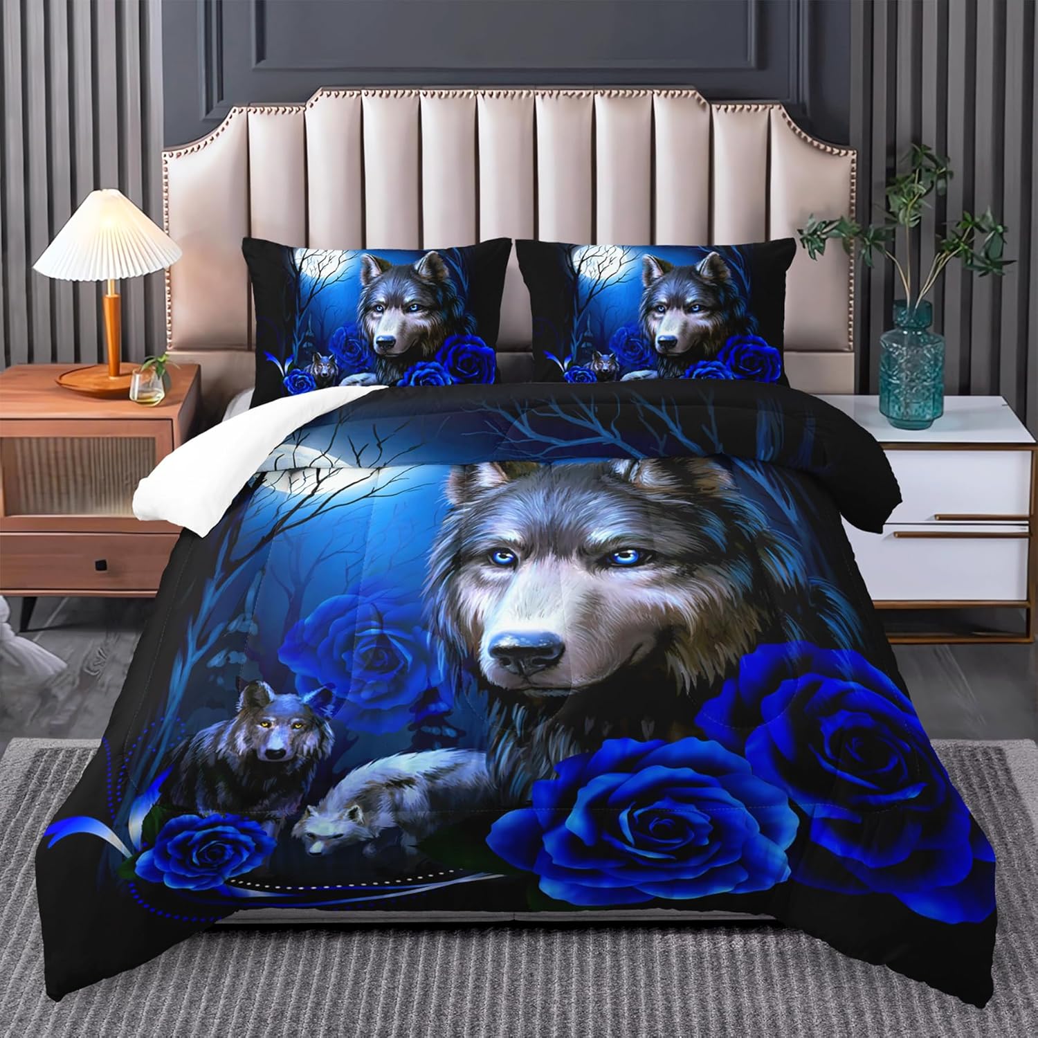 Wolf Bedding King Size Blue Rose Comforter Set for Cozy Nights