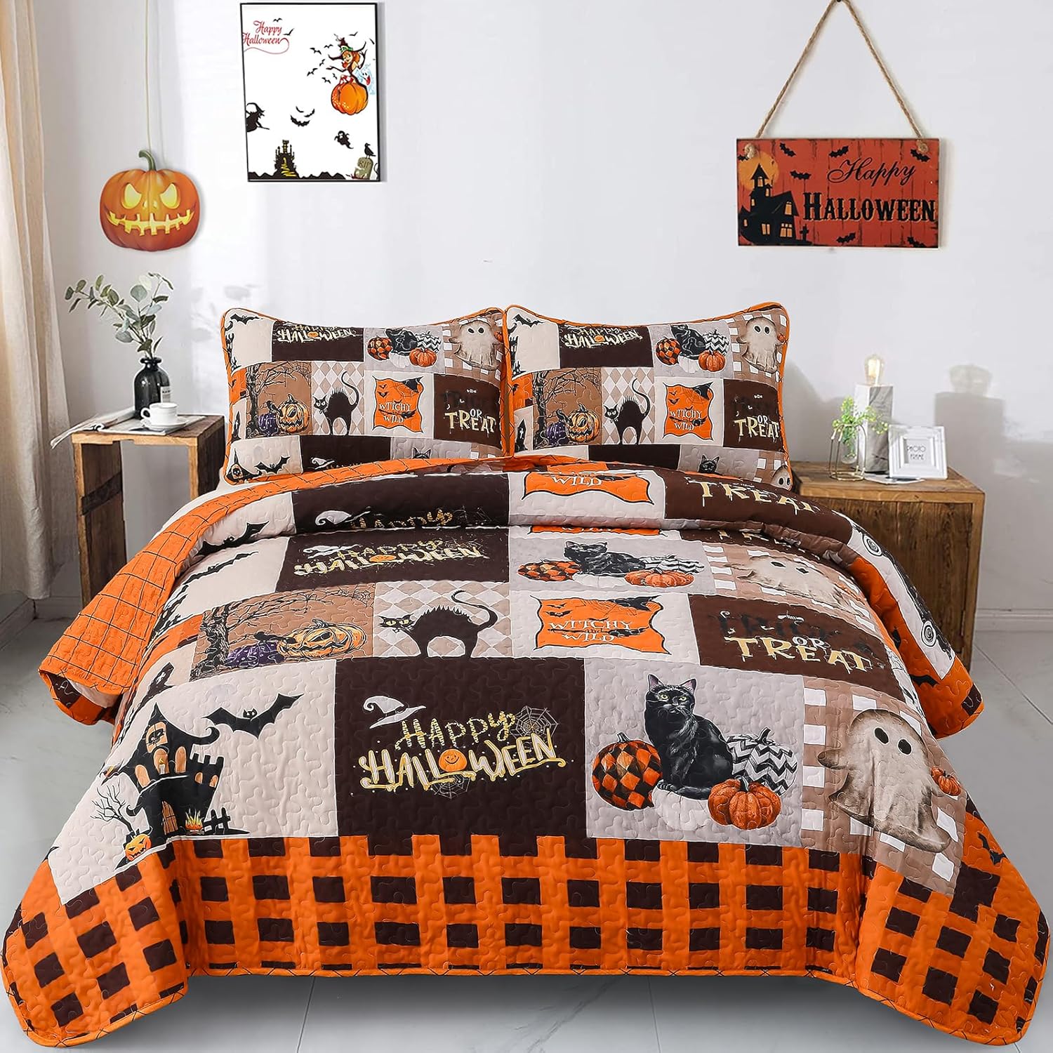 Menghomeus Halloween Quilt Set Queen for Festive Home Decor