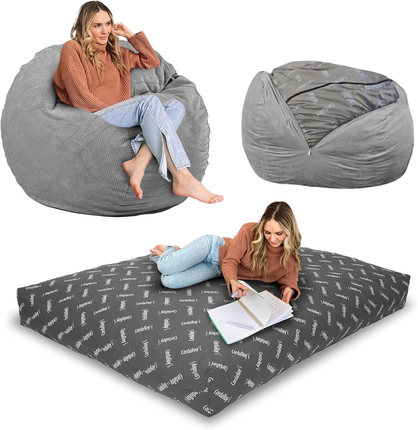 Convertible Chenille Bean Bag - Comfy Chair & Bed - Machine-Washable - Charcoal