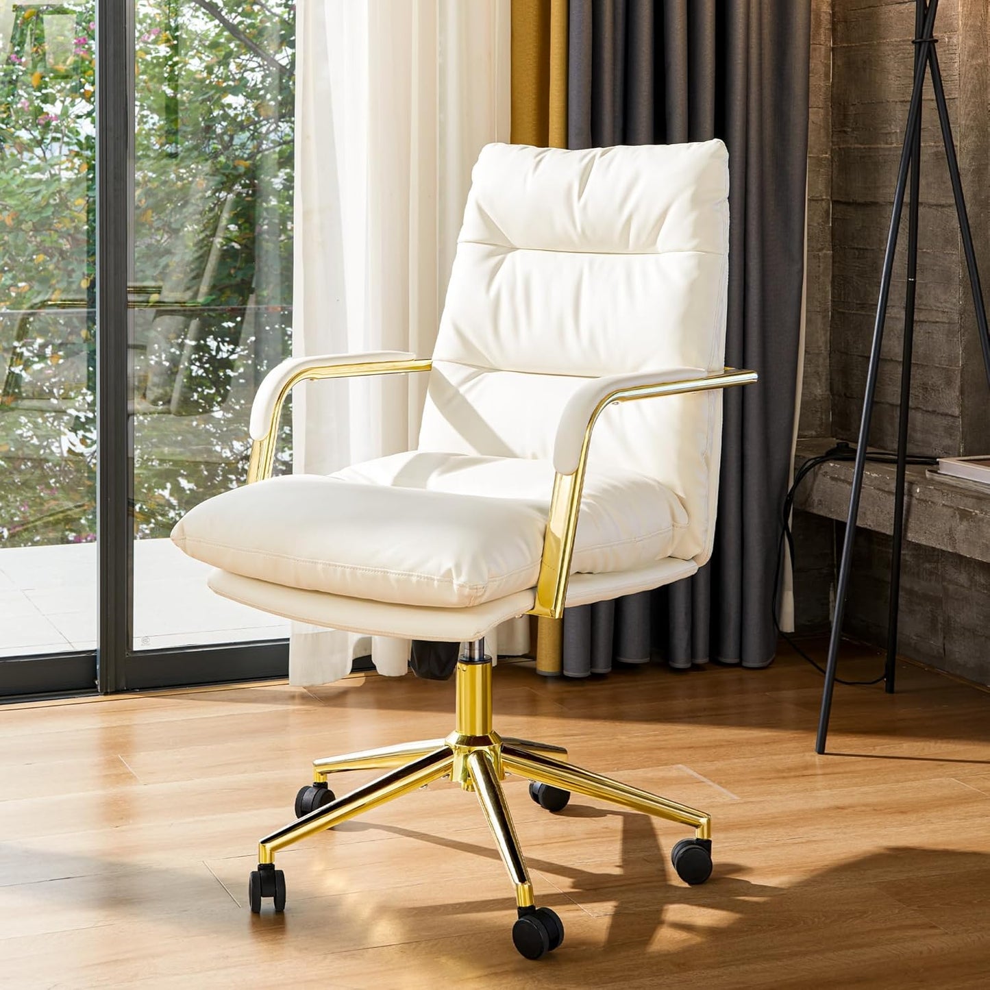 White Leather Swivel Desk Chair - Comfy & Supportive