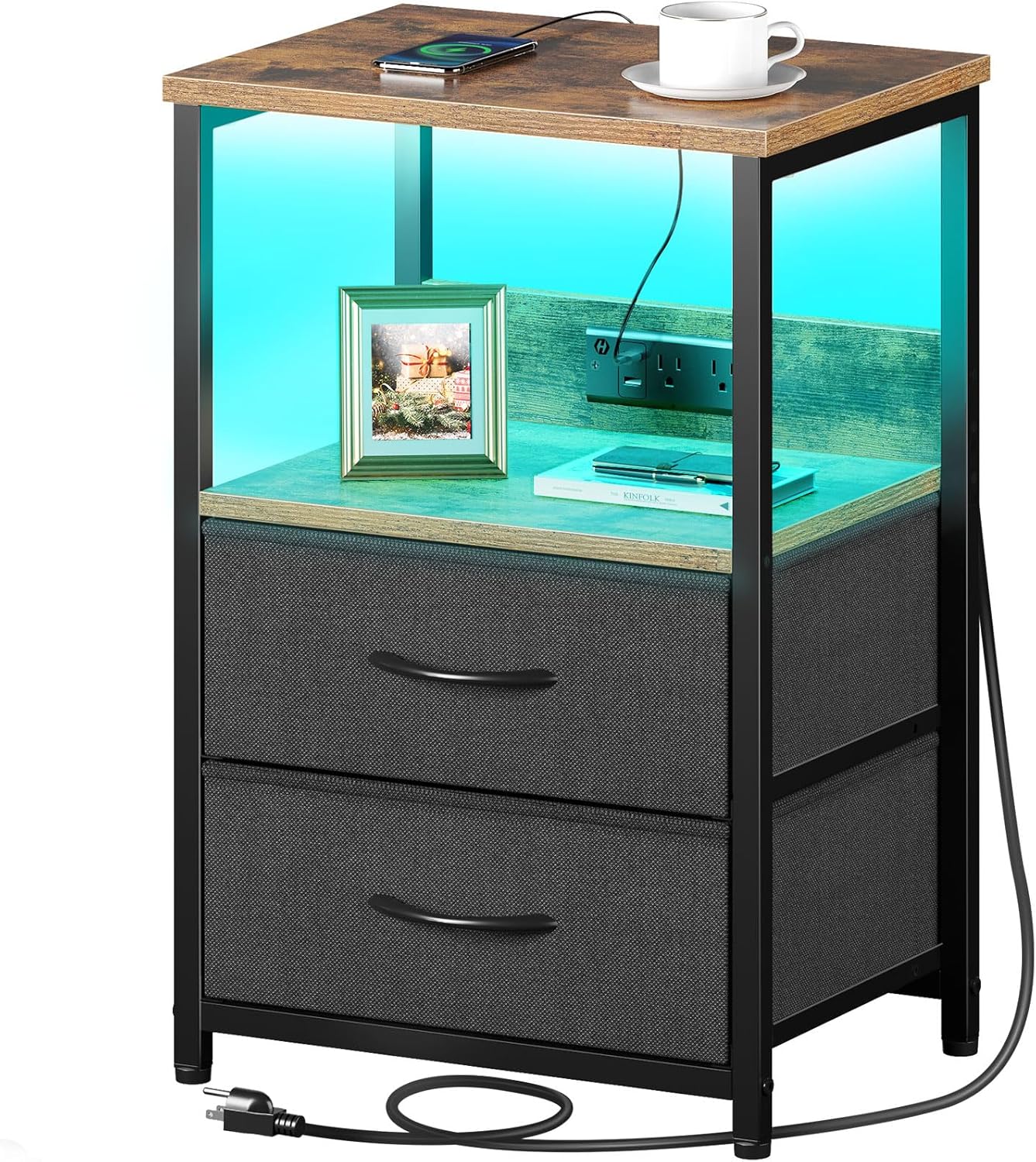 Seventable Nightstand with Charging Station and LED Lights