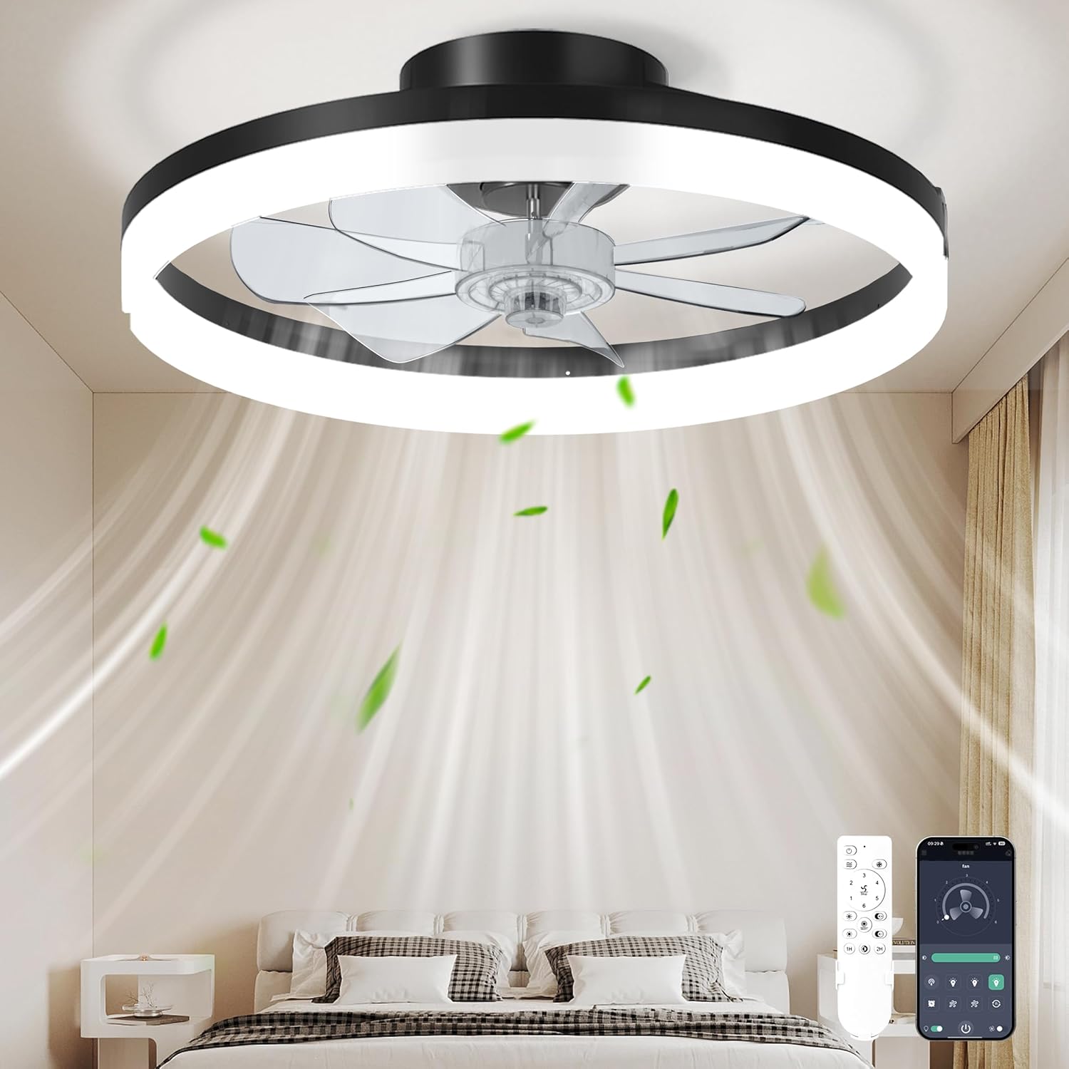 CHAREADA 20in Modern Low Profile Ceiling Fan with Light and Remote
