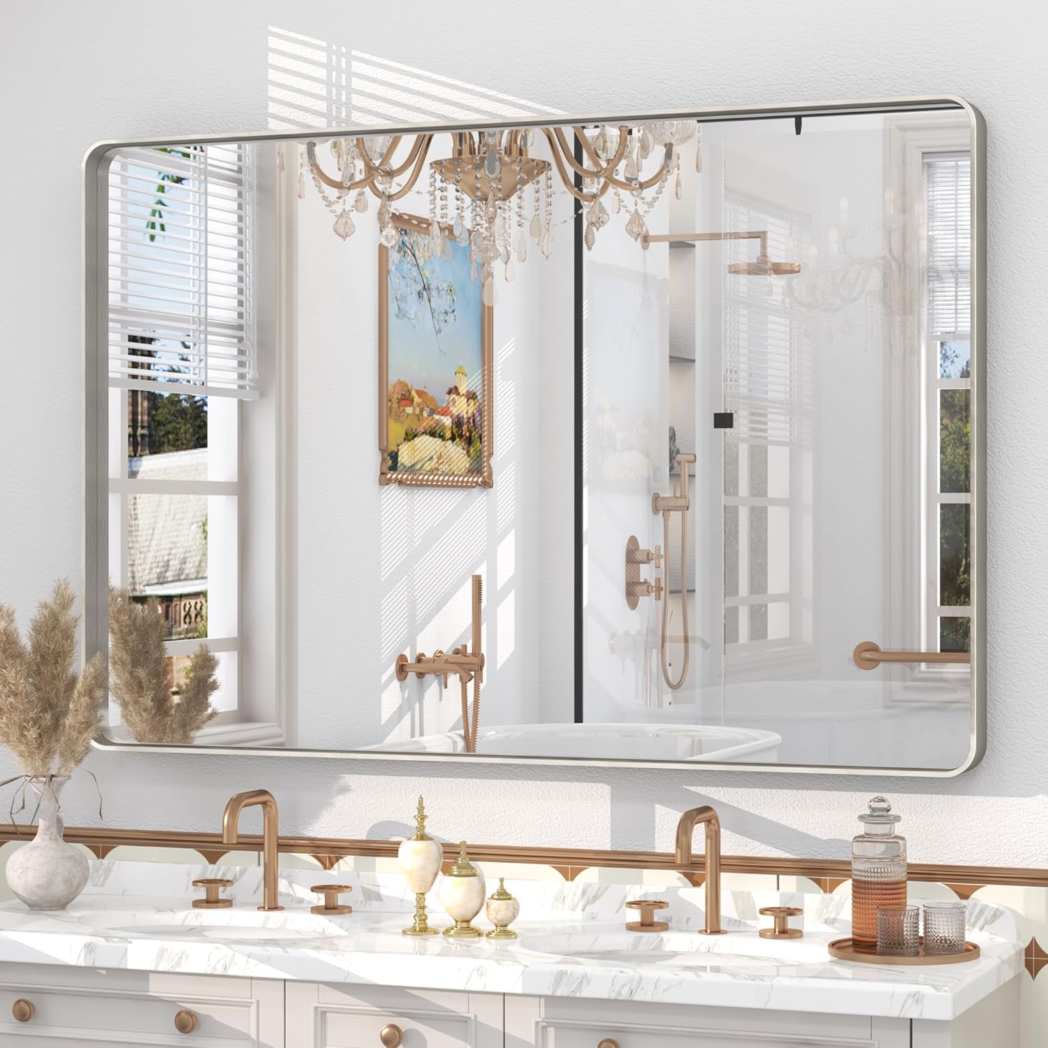 48x30 Brushed Silver Bathroom Mirror with Rounded Rectangle Design