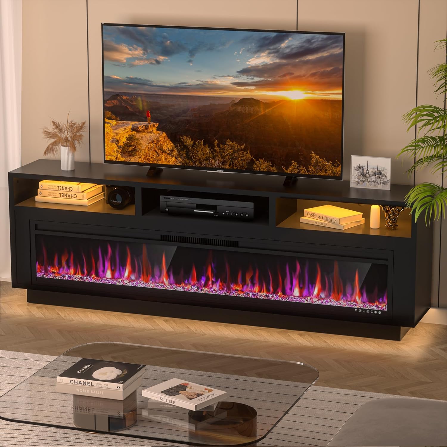 Spurgehom TV Stand w/ 52 Electric Fireplace & Storage - Black