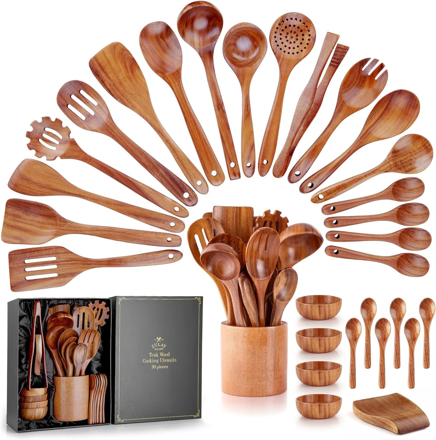 Zulay Kitchen 30-Piece Teak Wooden Utensils Set for Cooking