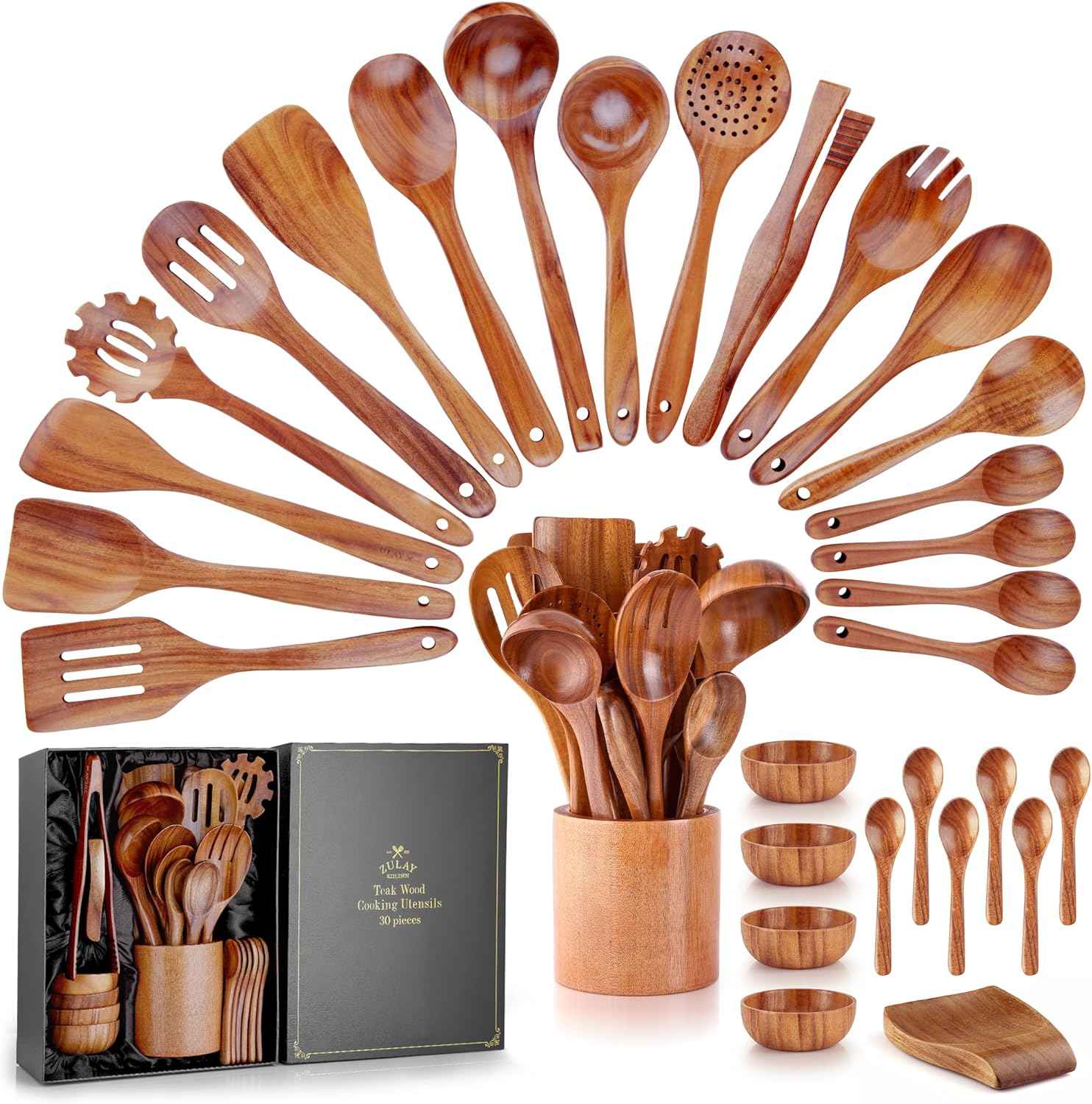 Zulay Kitchen 30-Piece Teak Wooden Utensils Set for Cooking