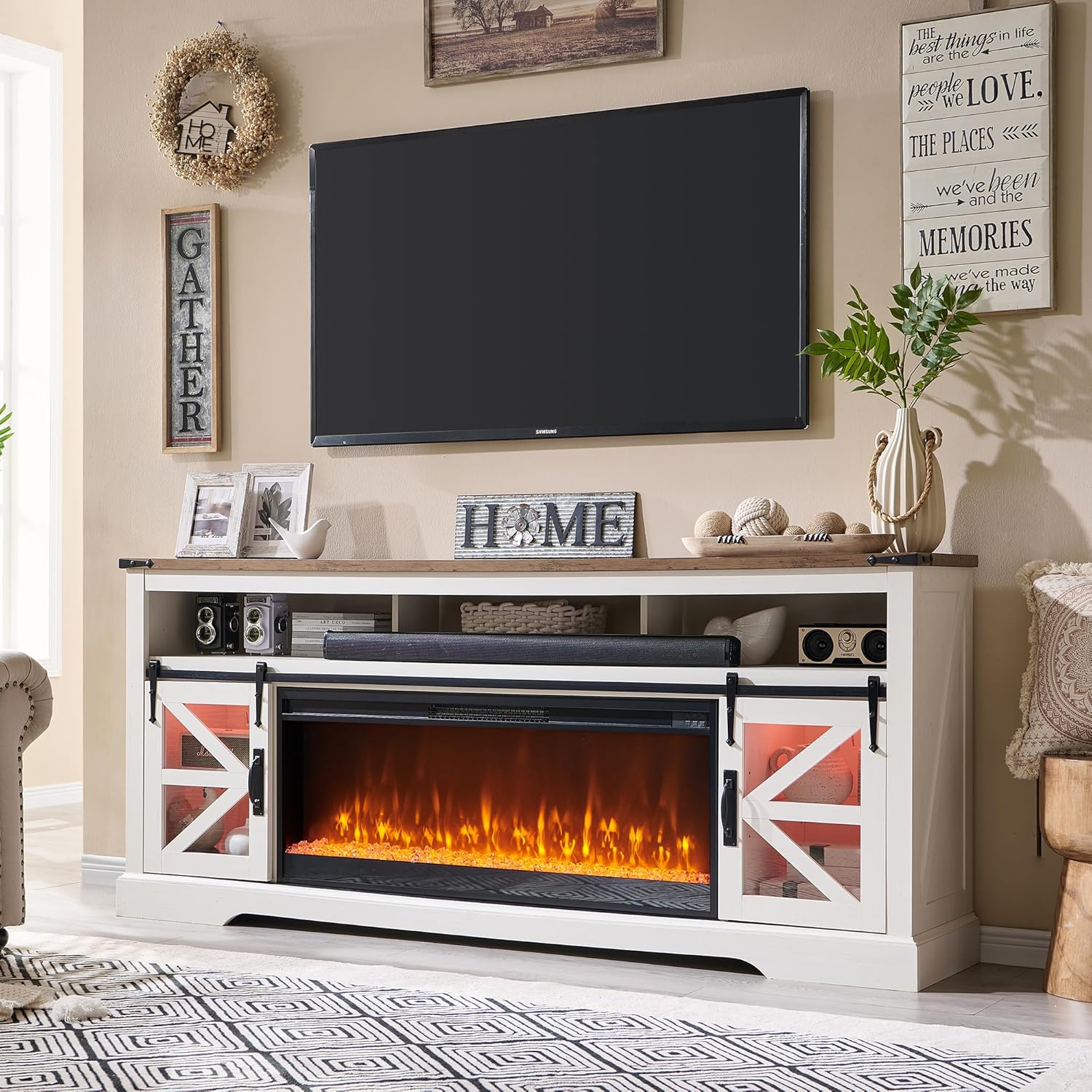 Rustic Farmhouse Highboy TV Stand with Electric Fireplace