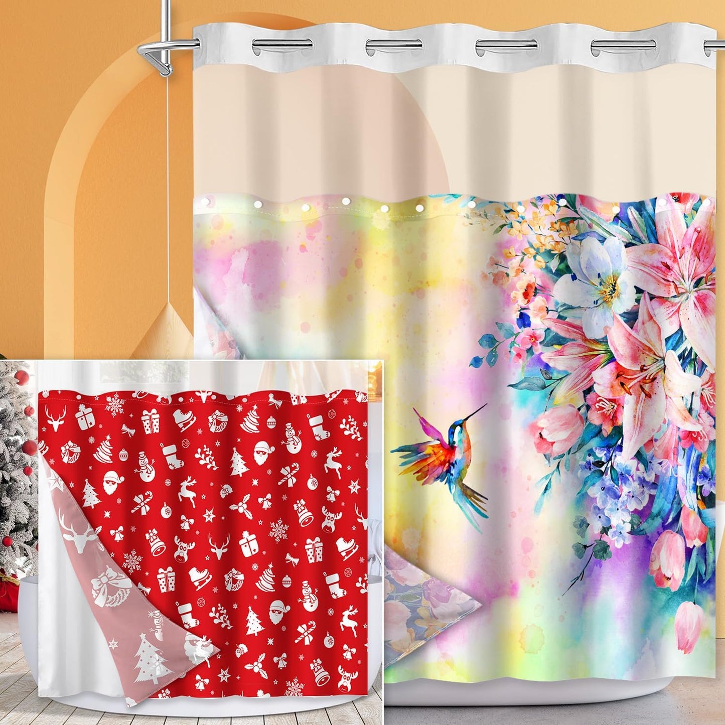 Waterproof No-Hook Shower Curtain Set - 2 Pcs 71''x 74''