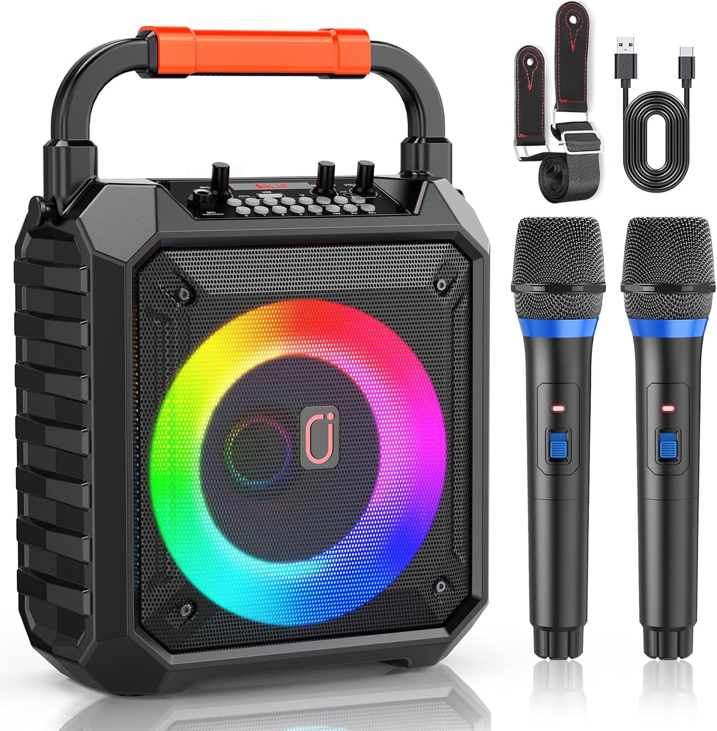 Portable Bluetooth Karaoke Machine with 2 Microphones & DJ Lights