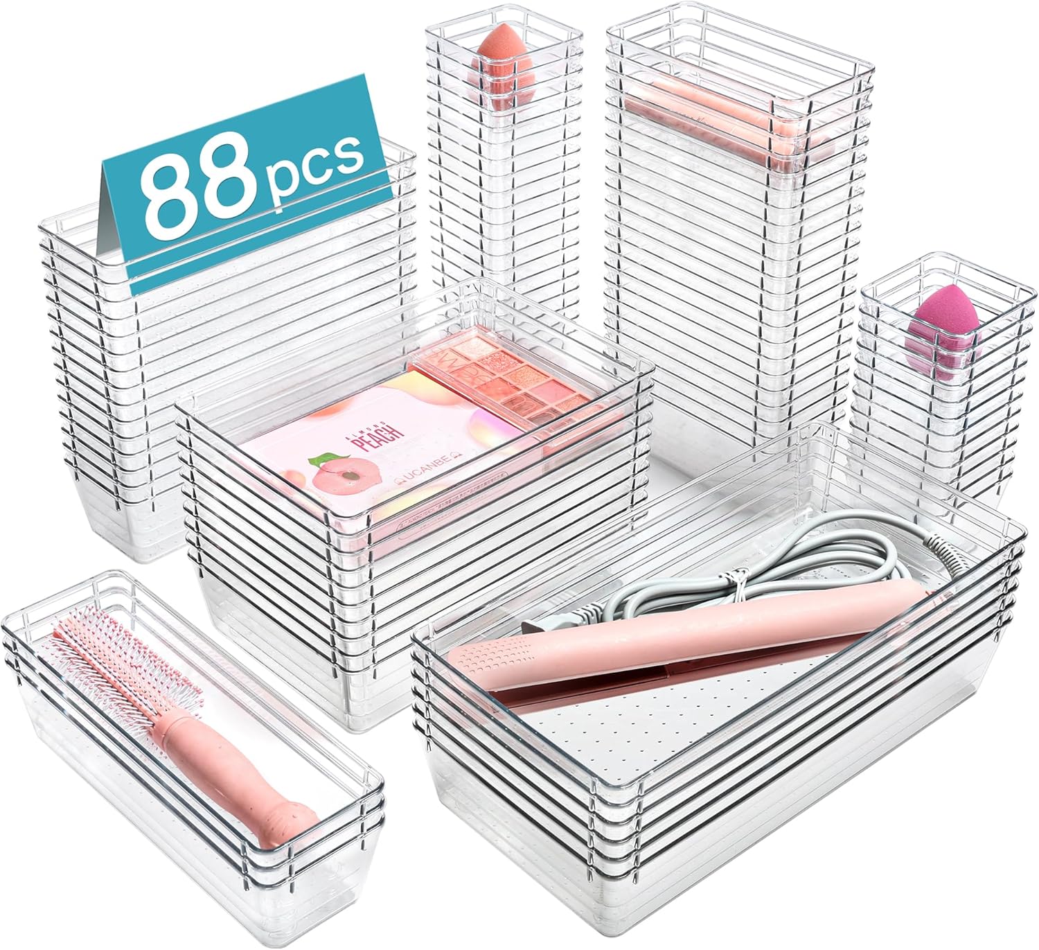88PCS Clear Plastic Drawer Organizers Set for Home Organization