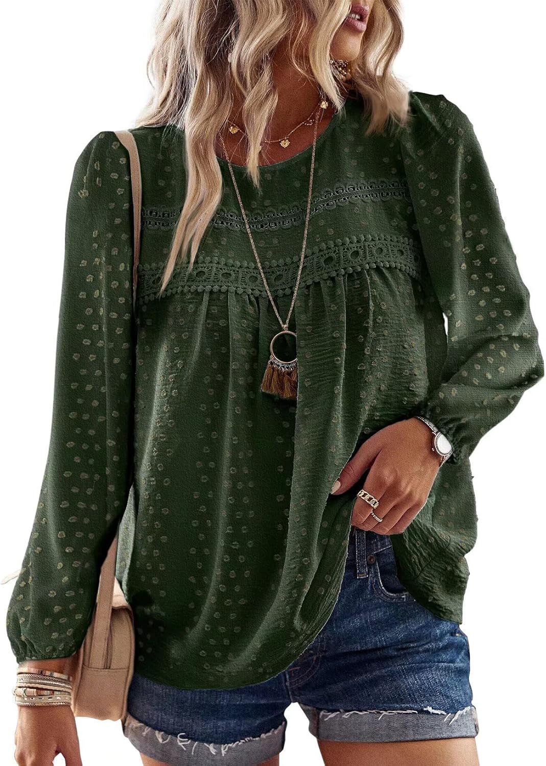 Womens Fall Tops Crewneck Long Sleeve Casual Chiffon Blouses