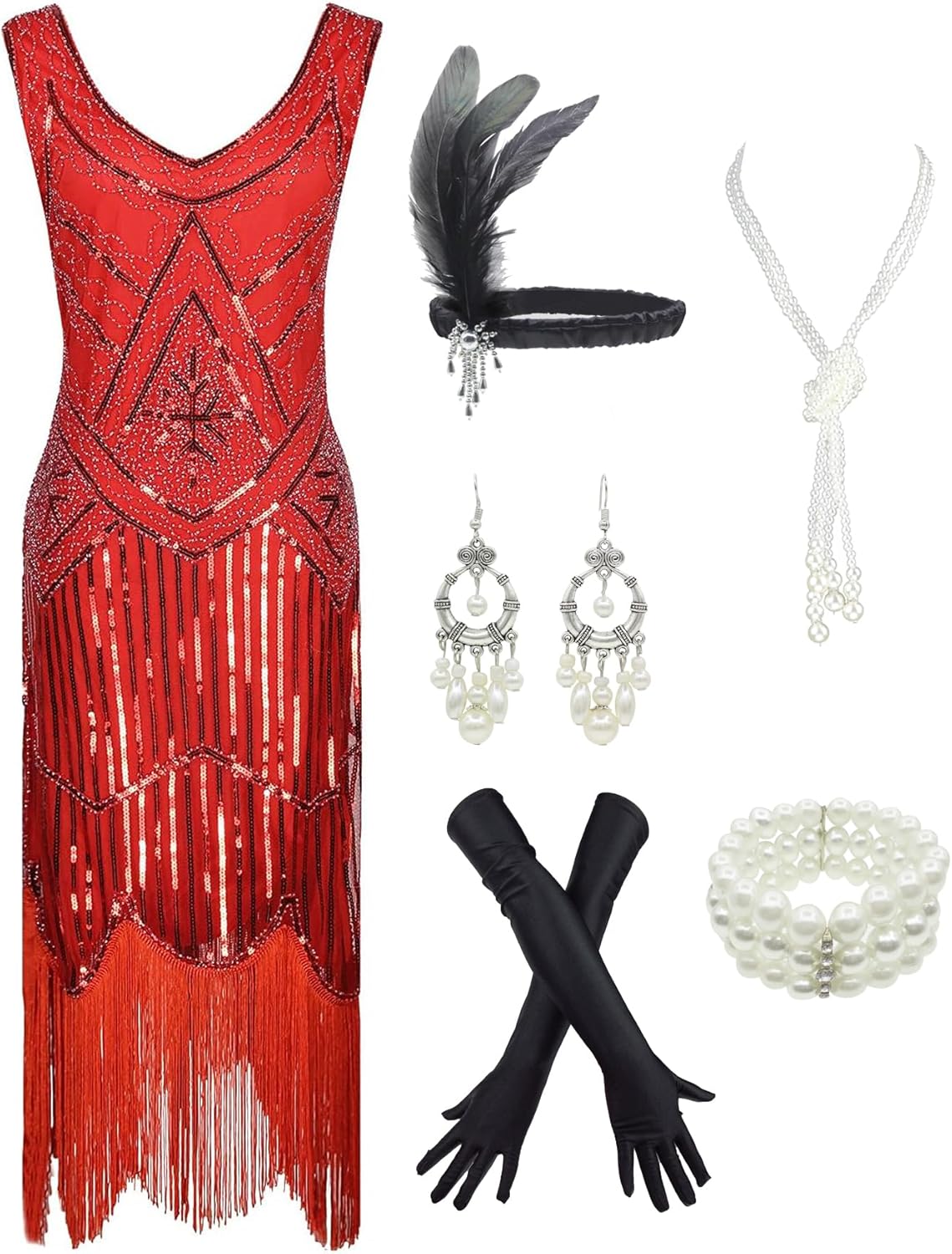 1920s Gatsby Sequin Fringed Flapper Dress with Accessories Set
