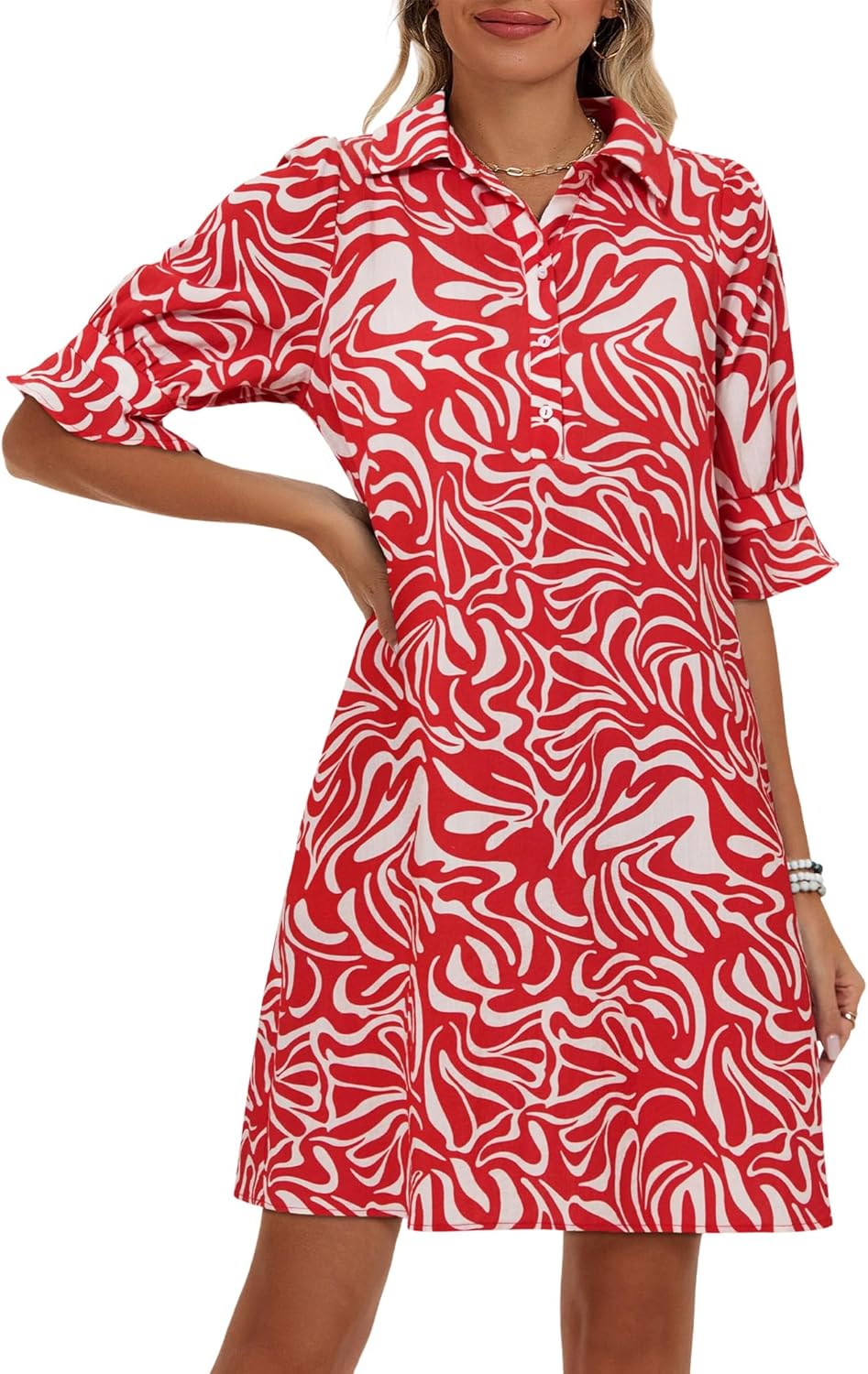 FENSACE Womens Casual Shirt Dress with Ruffle Sleeves and Pockets