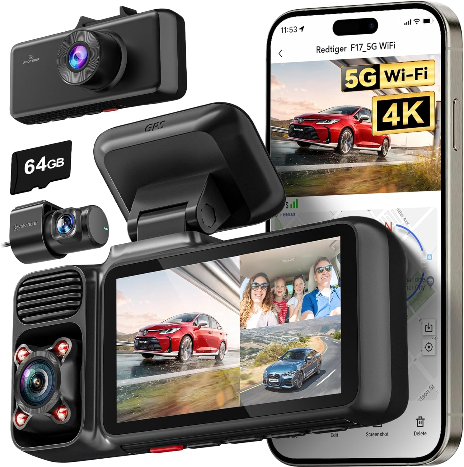 REDTIGER 4K Dash Cam: Triple Camera, GPS, WiFi