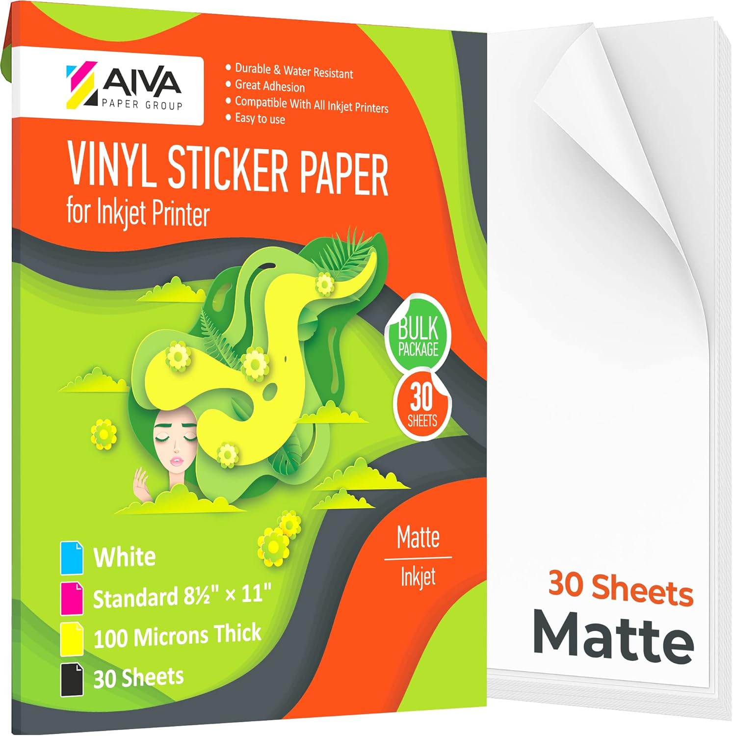 Waterproof Inkjet Vinyl Sticker Paper - 30 Self-Adhesive Sheets - Matte White - Letter Size