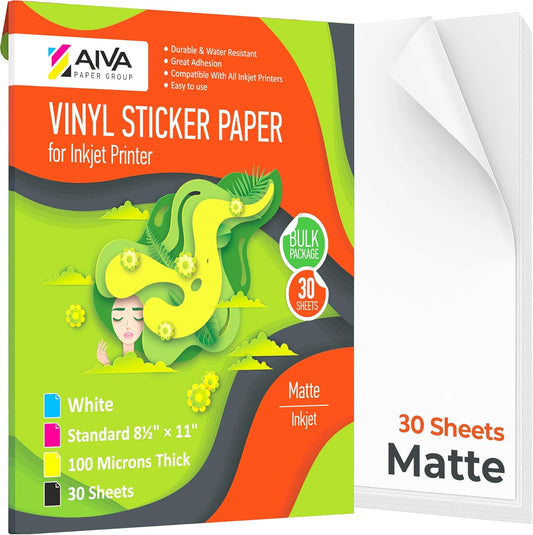 Waterproof Inkjet Vinyl Sticker Paper - 30 Self-Adhesive Sheets - Matte White - Letter Size