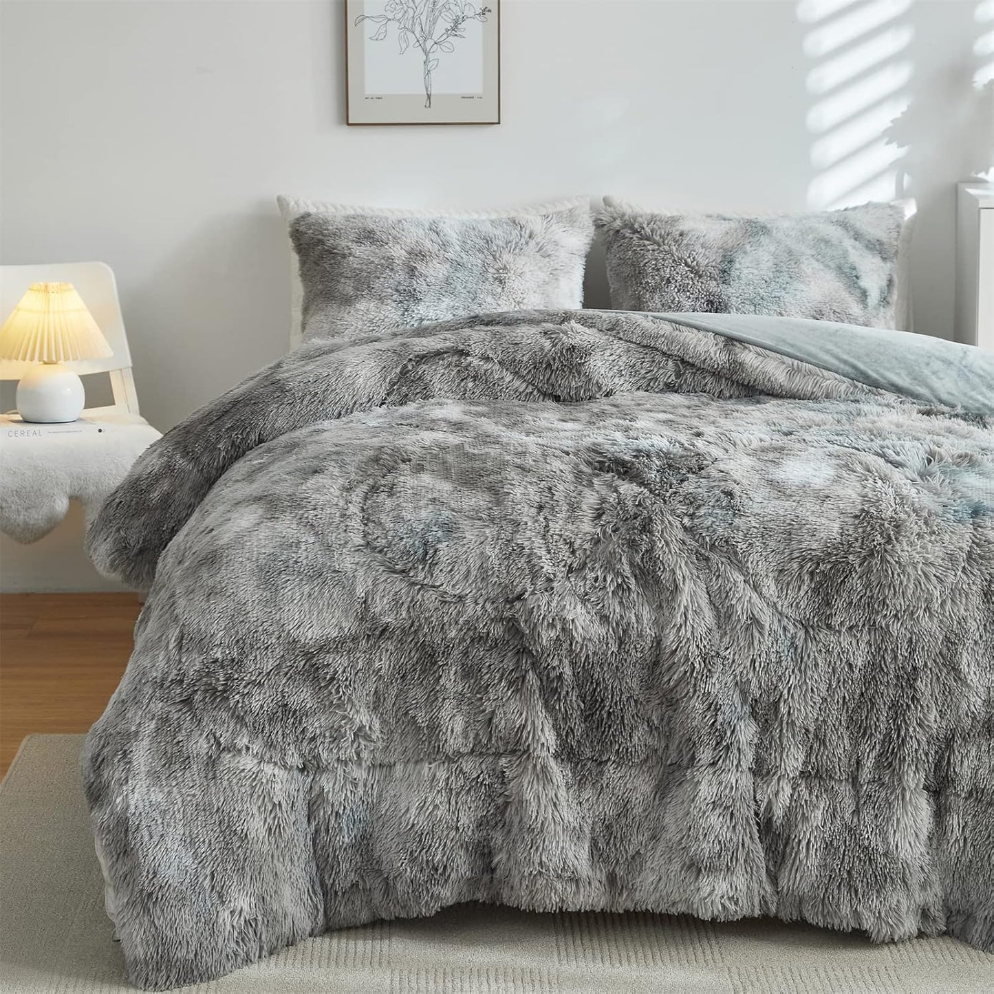 Wajade Faux Fur Plush Tie Dye Grey White Comforter Set Review