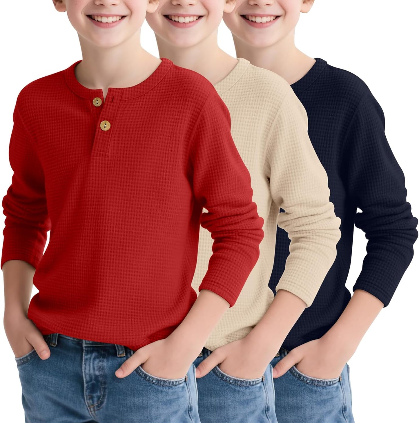 Boy's Henley Long Sleeve Shirts for School - 3 Pack Waffle Tops