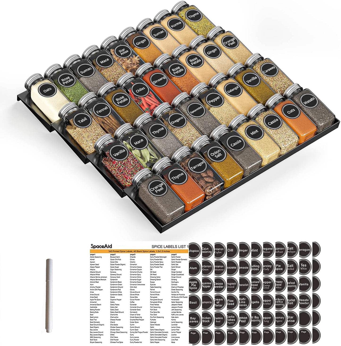 SpaceAid Spice Drawer Organizer with 36 Jars and Labels Set