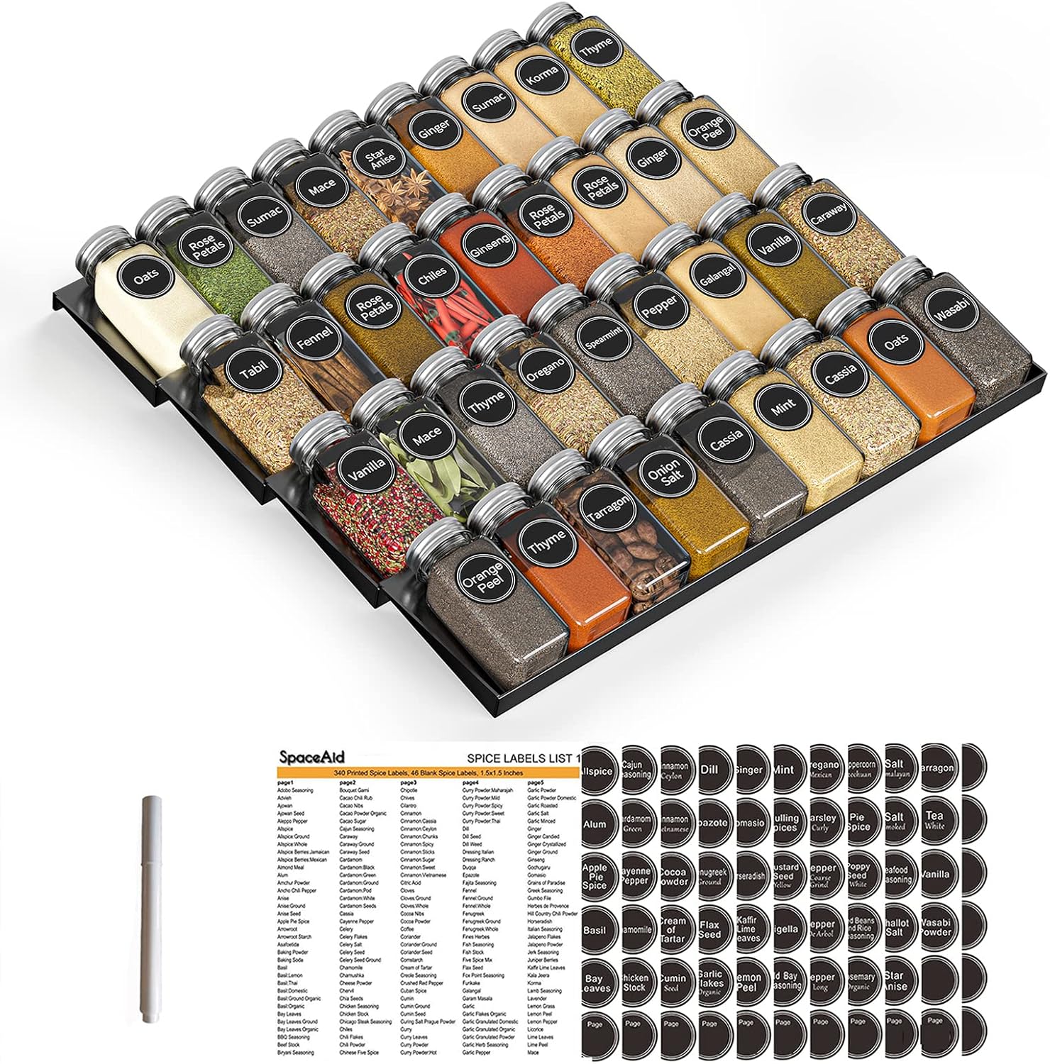 SpaceAid Spice Drawer Organizer with 36 Jars and Labels Set