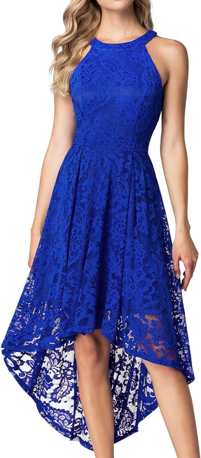 Halter Lace Wedding Guest Dress Hi-Lo Cocktail Party Dress