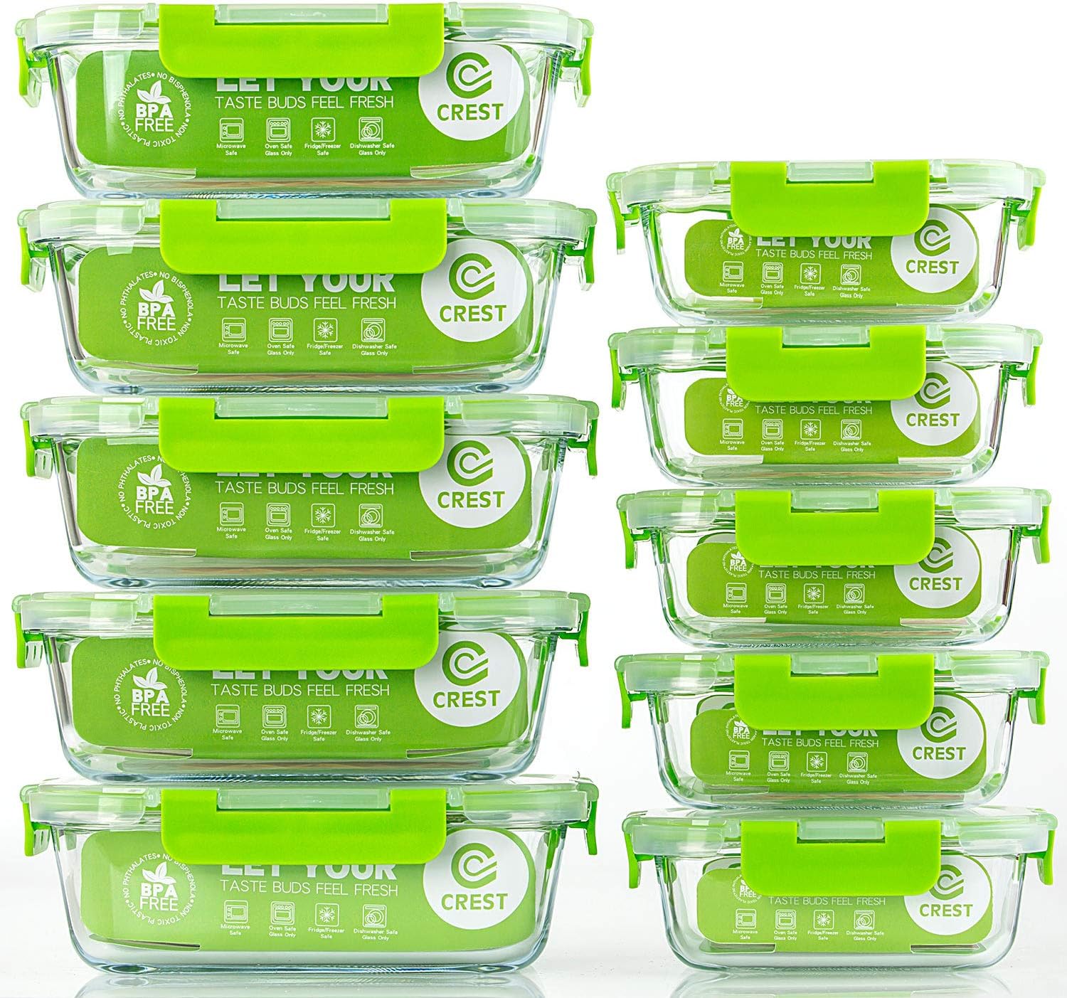 C CREST Glass Containers for Food Storage - 10-Pack Meal Prep