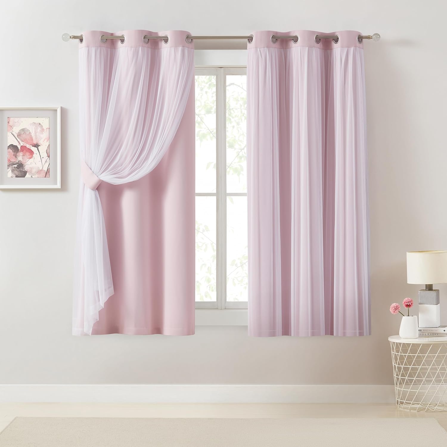 Bujasso Pink Blackout Curtains with Sheer Overlay for Girls Room