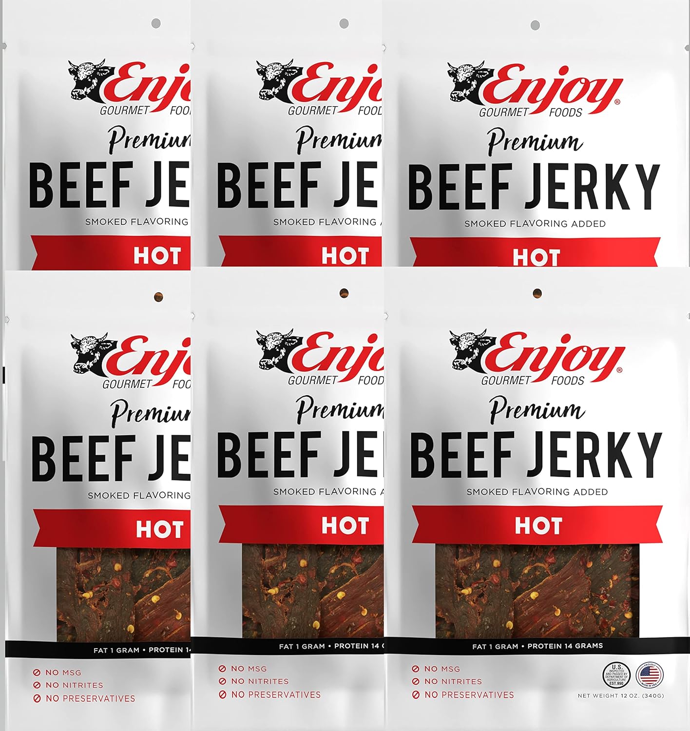 Enjoy Hot Beef Jerky 12 oz Pack of 6 Traditional Style Snack
