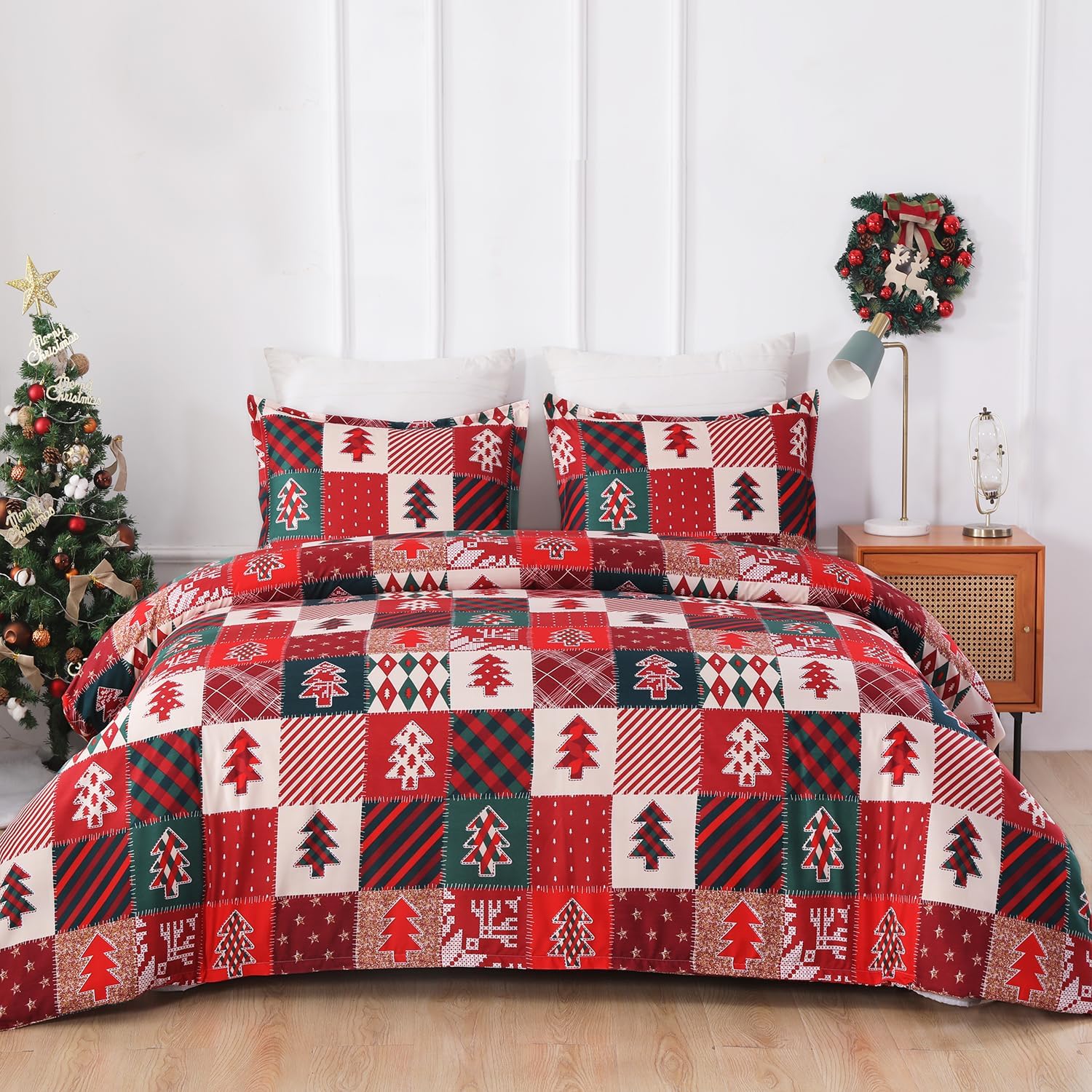 Vaulia Christmas Duvet Cover Queen with Holiday Plaid Design