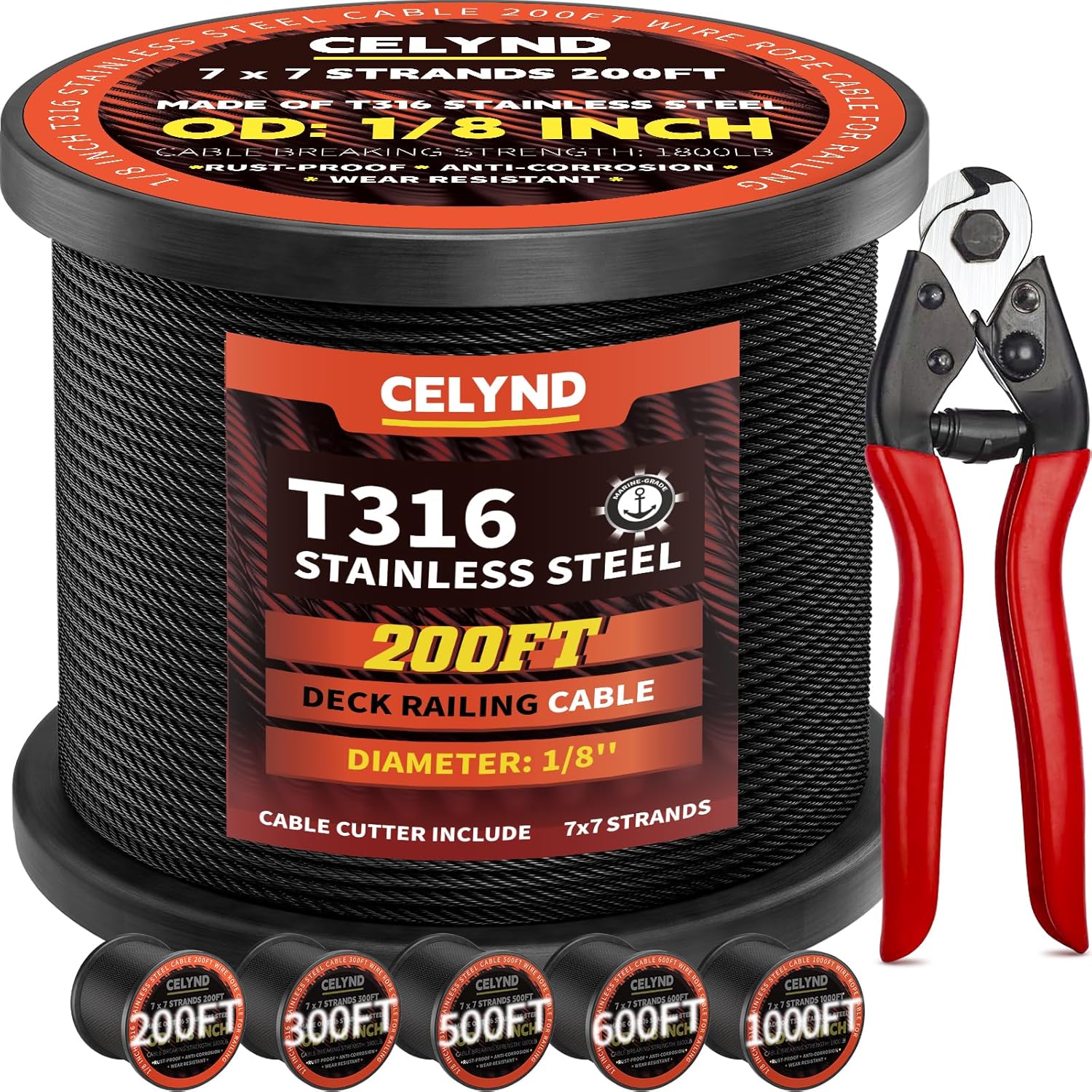 Black Stainless Steel Cable for Railing - 200FT 1/8in T316 Wire Rope