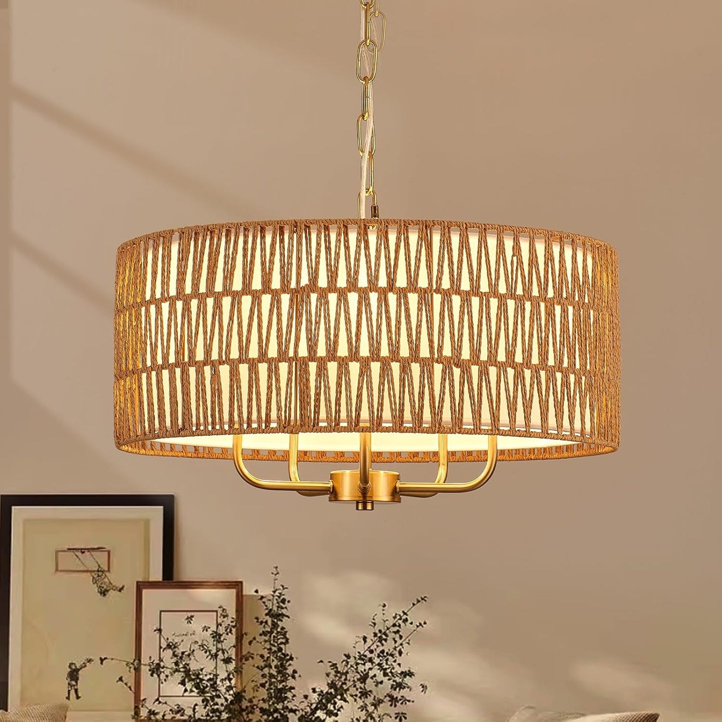 Boho Hand-Woven Rattan Chandelier for Vintage Farmhouse Style