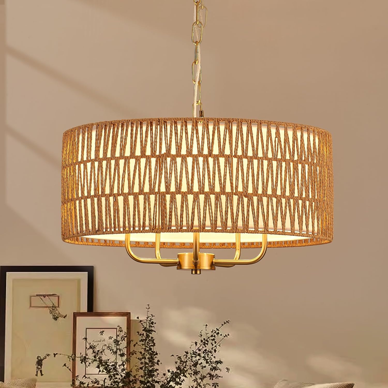 Boho Hand-Woven Rattan Chandelier for Vintage Farmhouse Style