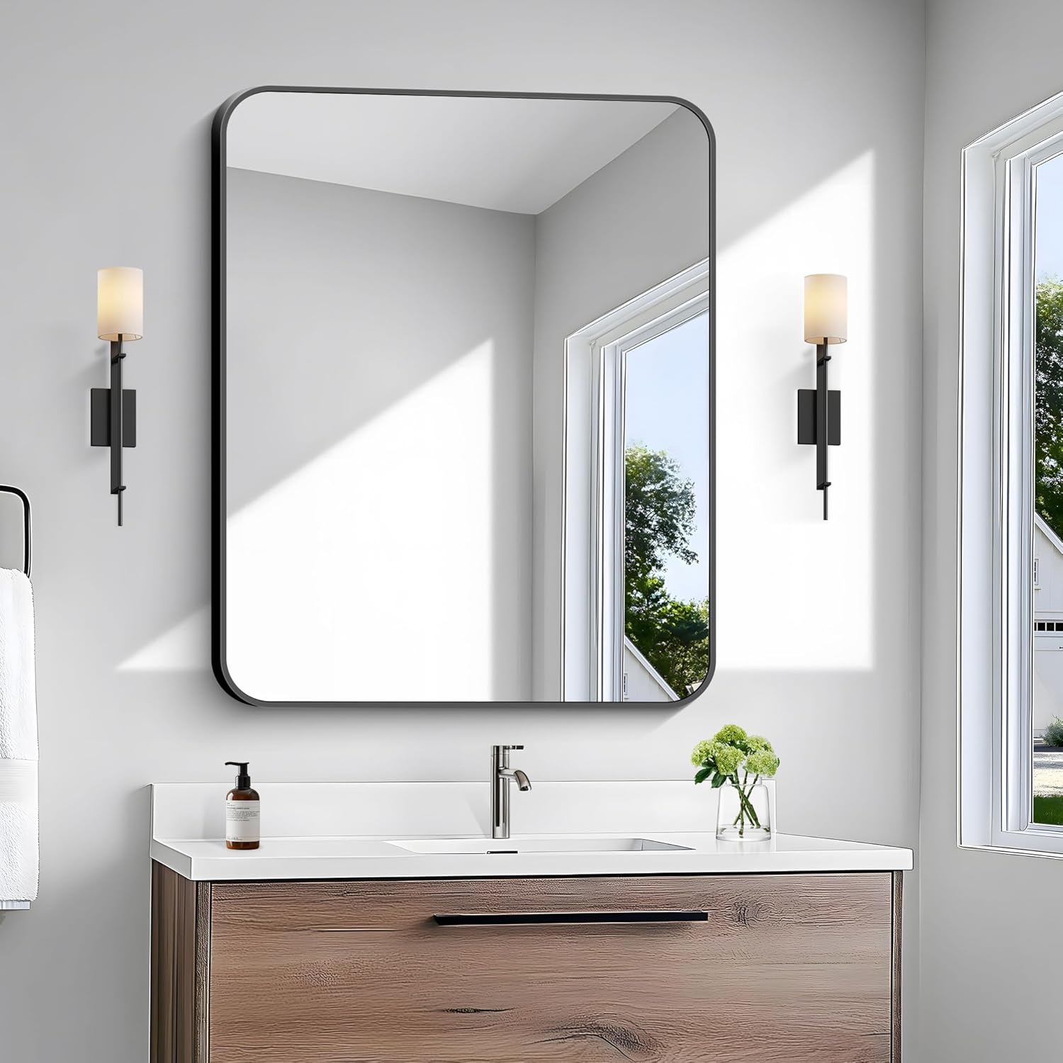 30x36 Inch Black Rectangle Bathroom Mirror with Rounded Corners